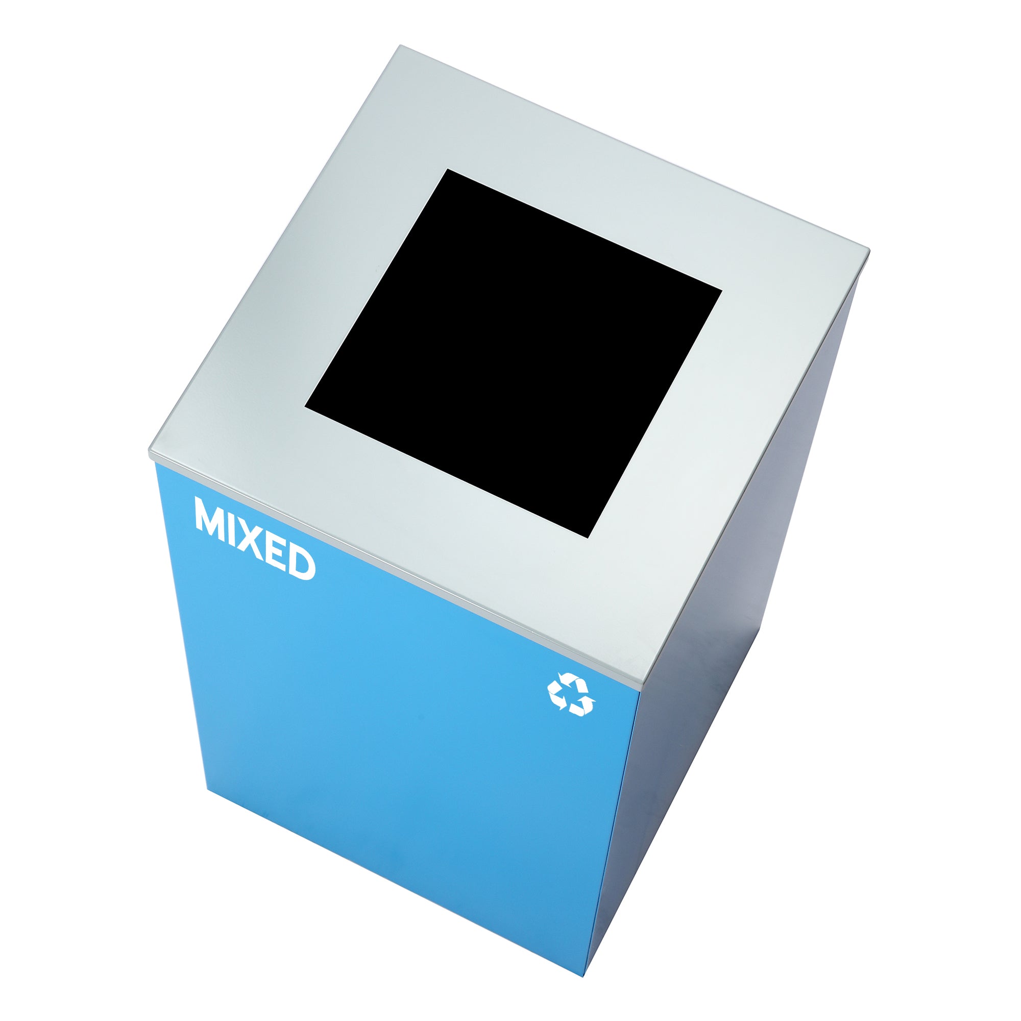 Square Recycling Bin – 29 Gallons - Blue Can, Square Opening Lid, for Mixed