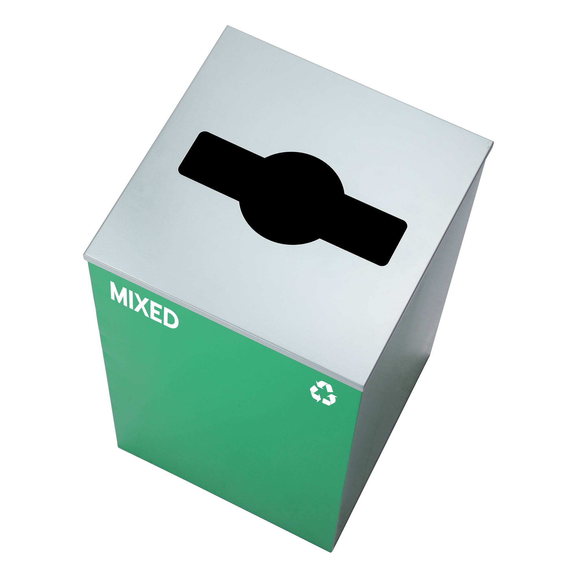 Square Recycling Bin – 29 Gallons - Green Can, Mixed Opening Lid, for Mixed