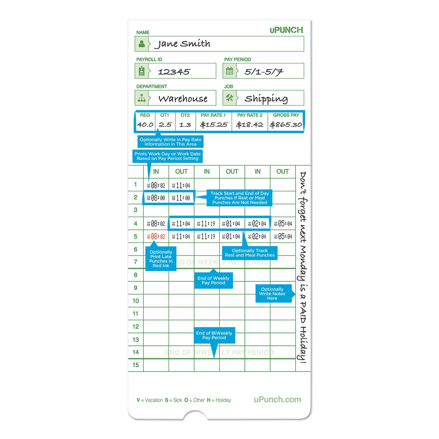 Time Clock Cards For Upunch Hn1000/hn3000/hn3600, Two Sides, 7.5 X 3.5, 100/pack