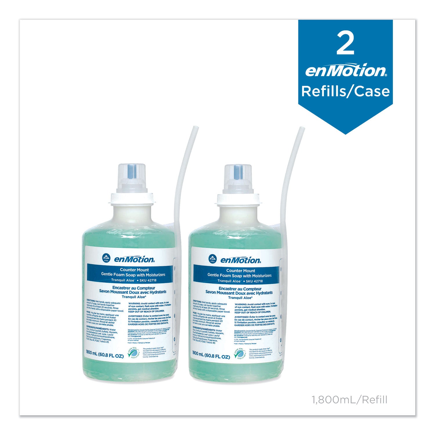 enMotion Gentle Foam Soap Refills, Tranquil Aloe Scent, 1.90 Quart Bottles, Green, Moisturizing, Rich Lather, pH Balanced, 2 per Carton