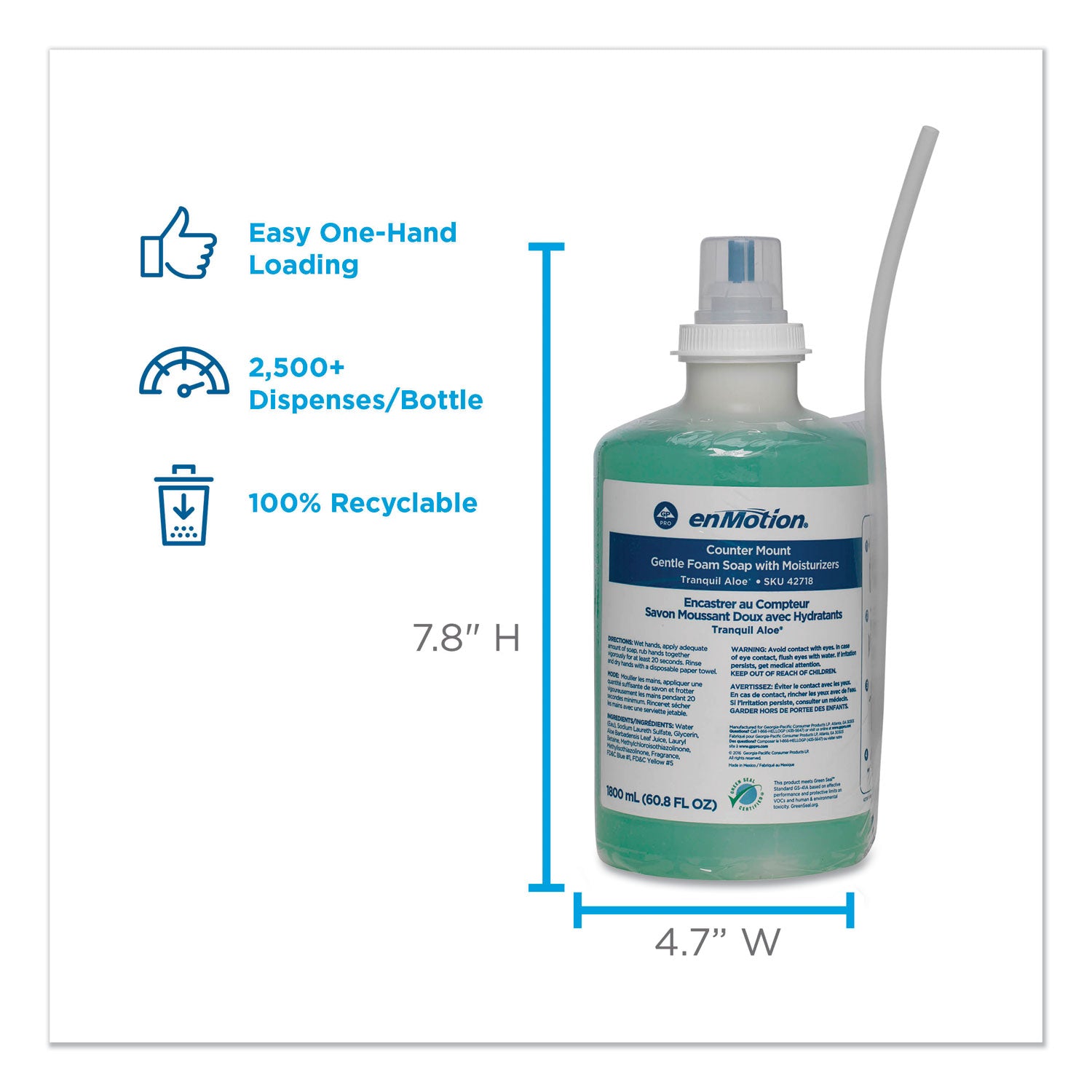 enMotion Gentle Foam Soap Refills, Tranquil Aloe Scent, 1.90 Quart Bottles, Green, Moisturizing, Rich Lather, pH Balanced, 2 per Carton