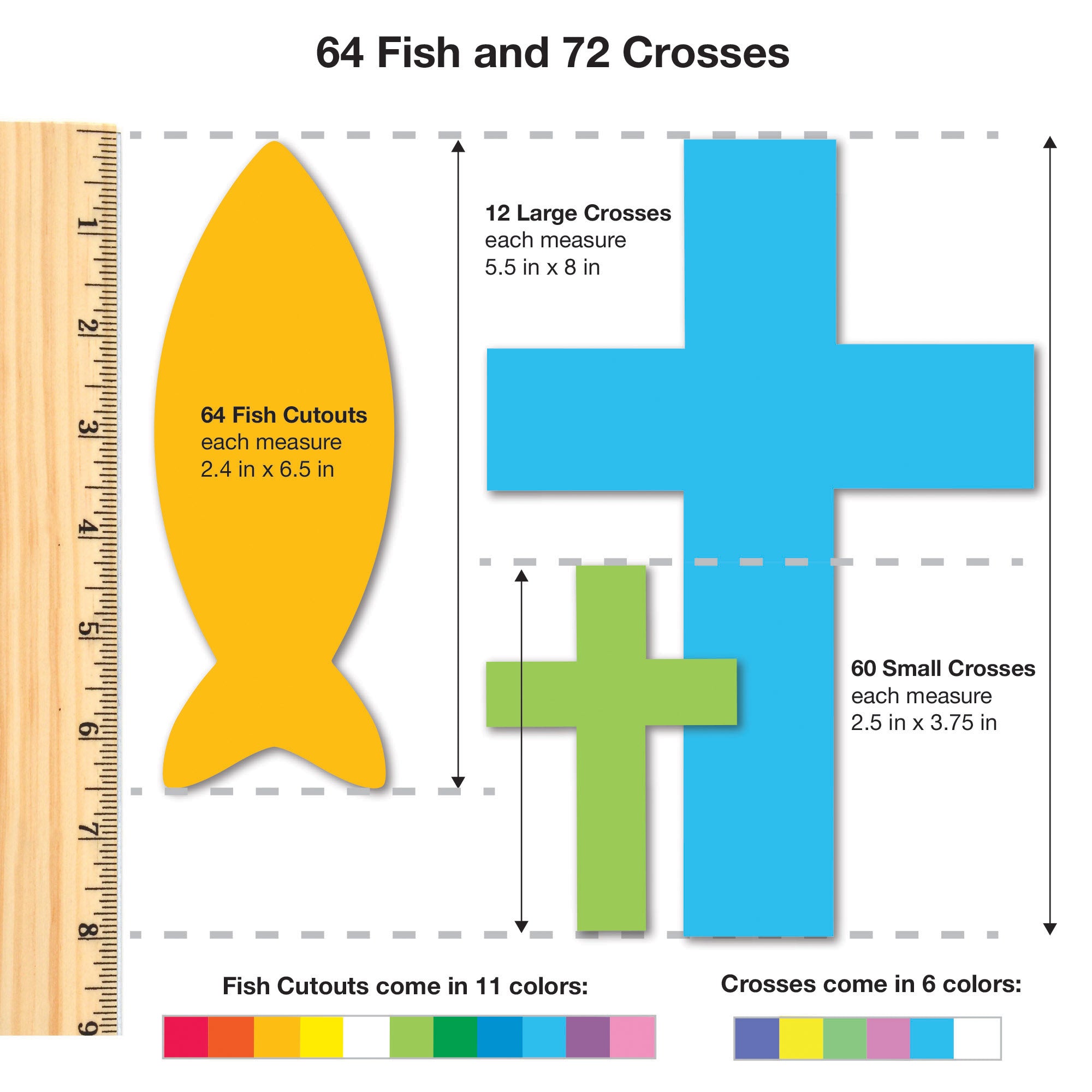 Punch Out Paper Cutouts, Religious Shapes, Cross, Heart & Fish, 232 Pieces