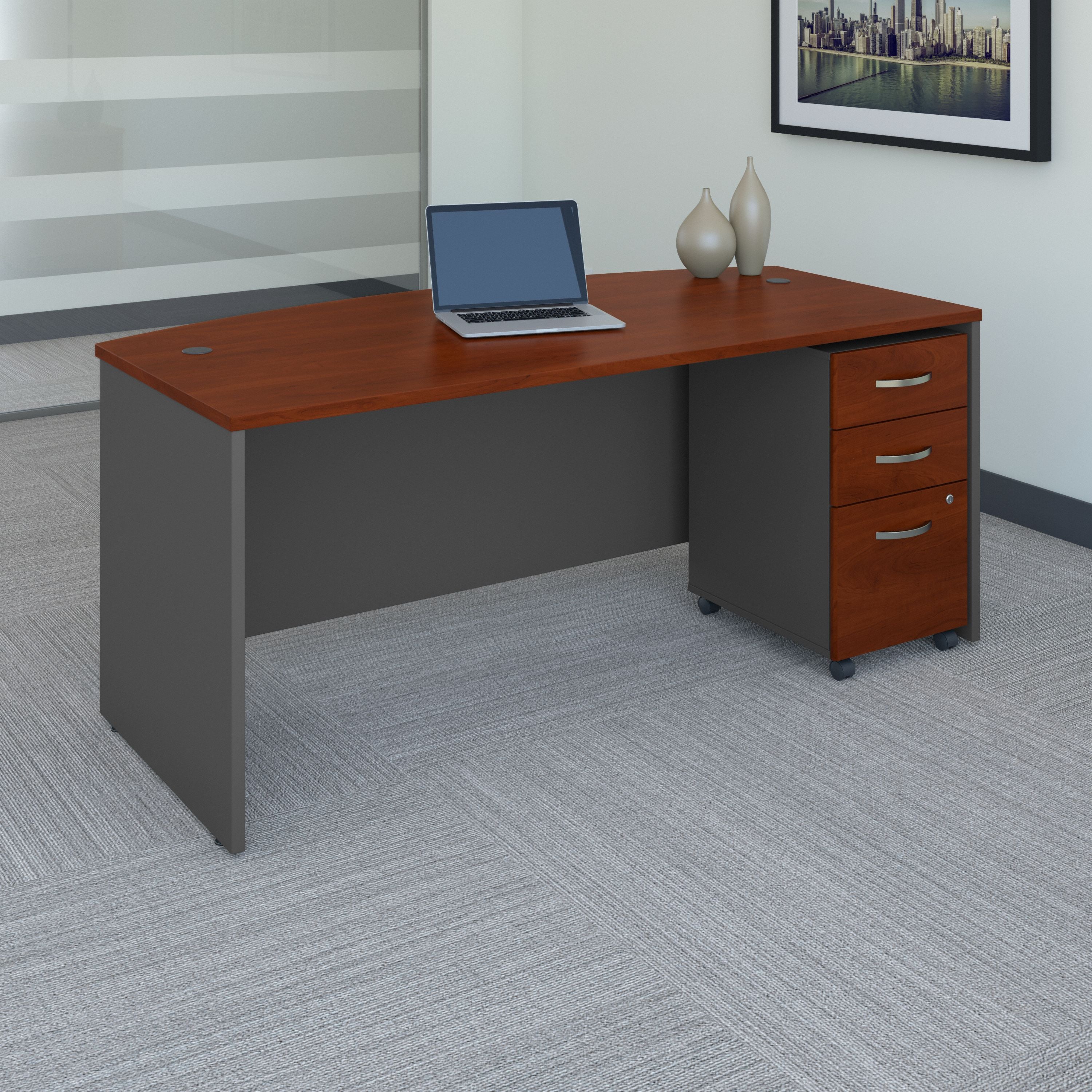 Bush Business Furniture Series C 72W x 36D Bow Front Desk with Mobile File Cabinet in Hansen Cherry - 71.1" Width x 36.06" Depth x 29.84" Height