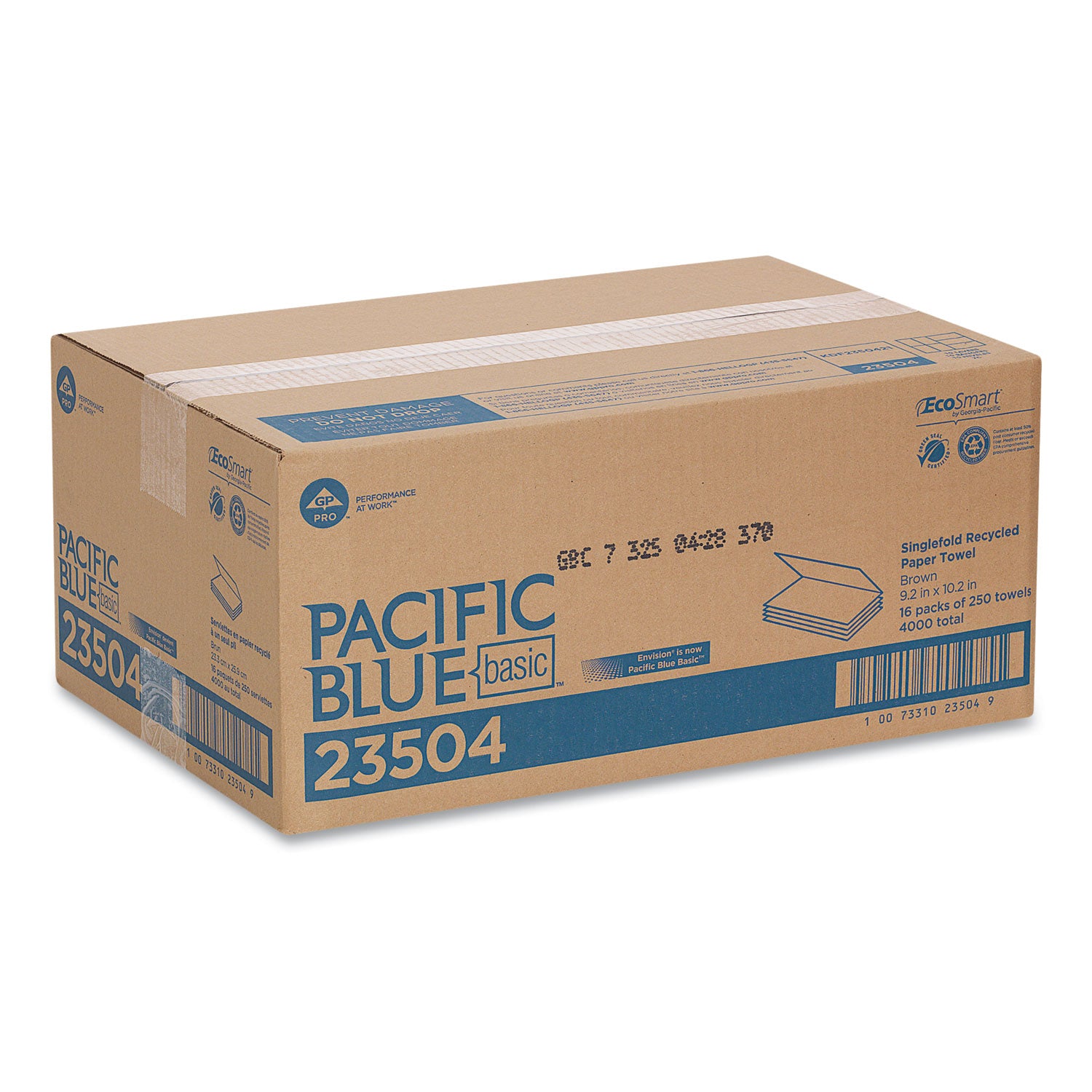 Pacific Blue Basic S-Fold Recycled Paper Towels - 9.25" Width x 10.25" Length - Natural - 250/Pack - 16 / Carton