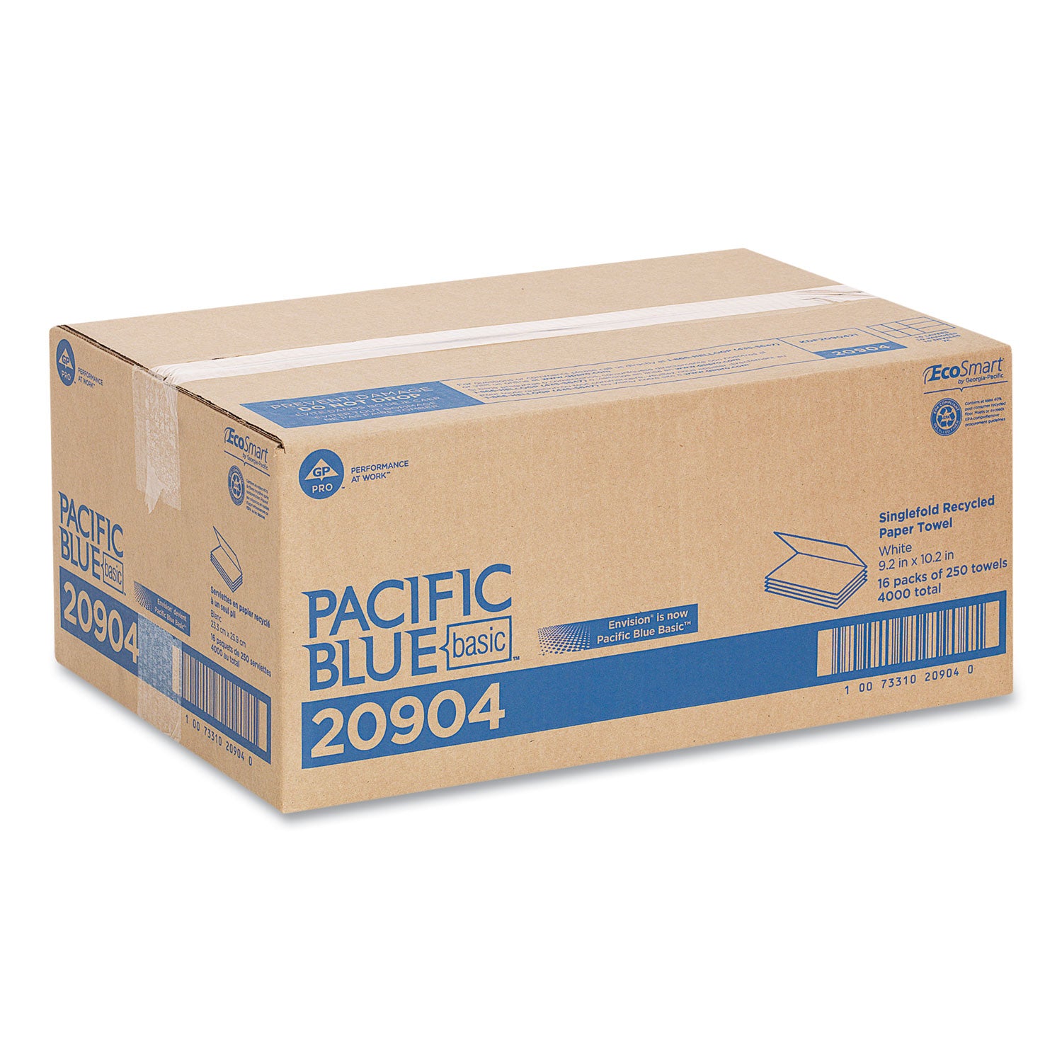Pacific Blue Basic S-Fold Recycled Paper Towels - 9.25" Width x 10.25" Length - White - 250/Pack - 16 / Carton