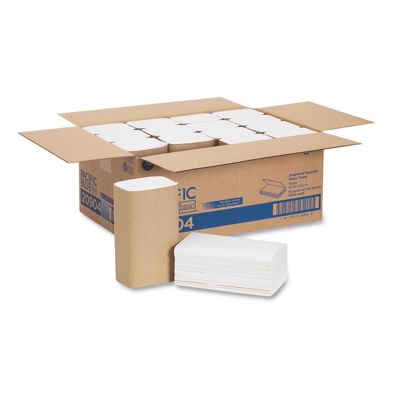 Pacific Blue Basic S-Fold Recycled Paper Towels - 9.25" Width x 10.25" Length - White - 250/Pack - 16 / Carton