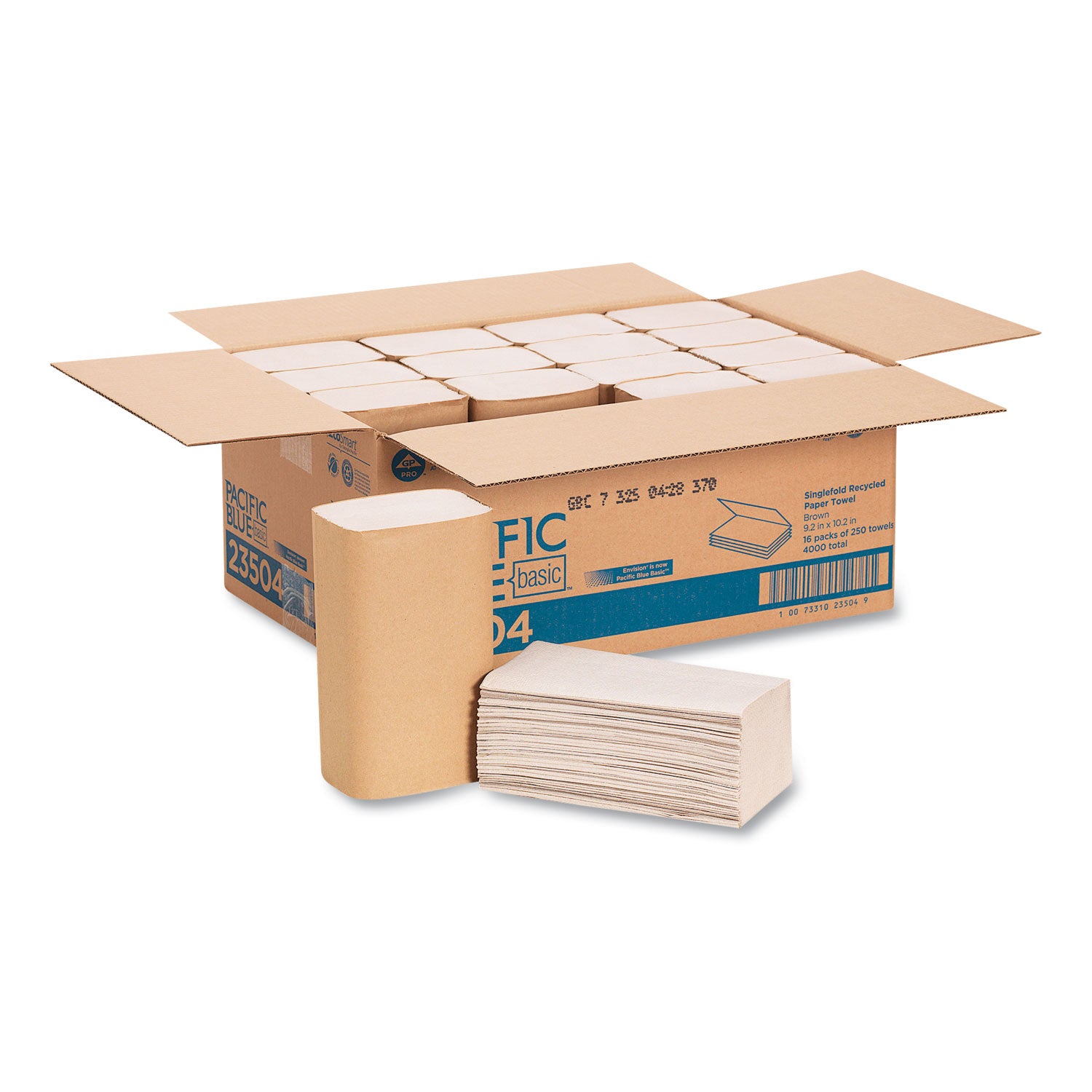 Pacific Blue Basic S-Fold Recycled Paper Towels - 9.25" Width x 10.25" Length - Natural - 250/Pack - 16 / Carton