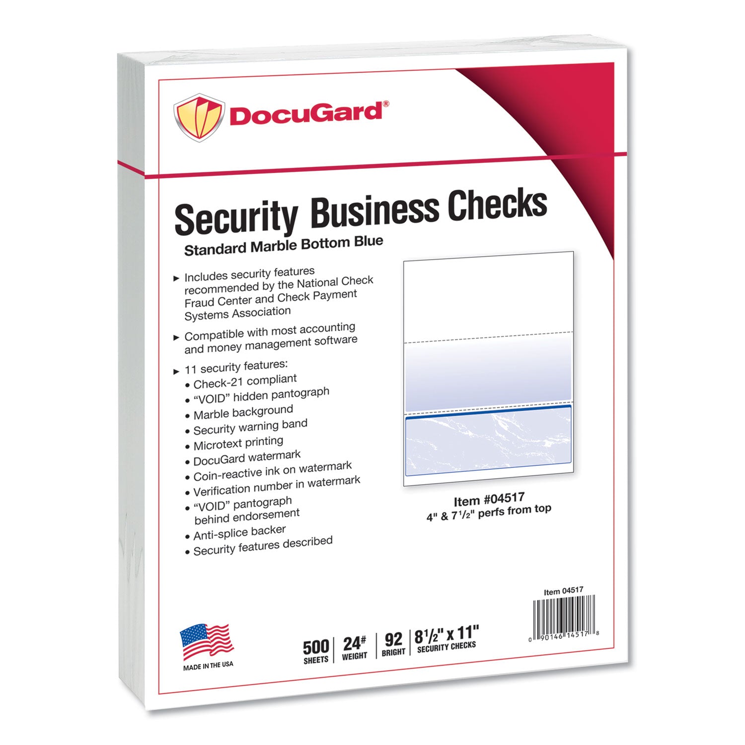 DocuGard Security Business Checks, Letter Size 8.5" x 11", 24 lb, Smooth, Erasure Protection, Watermarked, Marble Blue, 500 Sheets per Ream