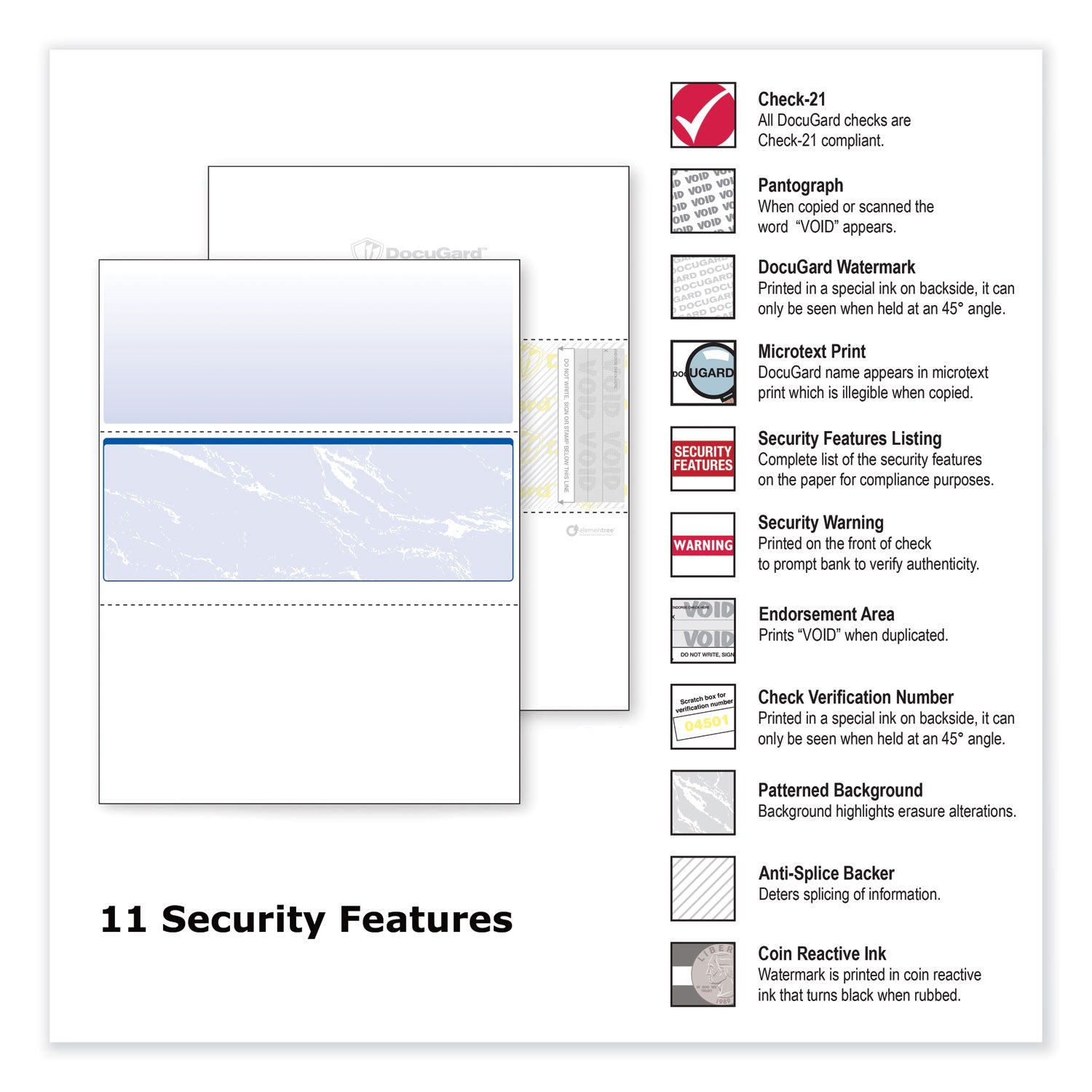 DocuGard Security Business Checks - Letter - 8 1/2" x 11" - 24 lb Basis Weight - Smooth - Watermarked, Pantograph, Coin-reactive Ink, Microtext Printing, Security Features Listing, Perforated, Security Warning, Patterned - Marble Blue - 500 / Ream