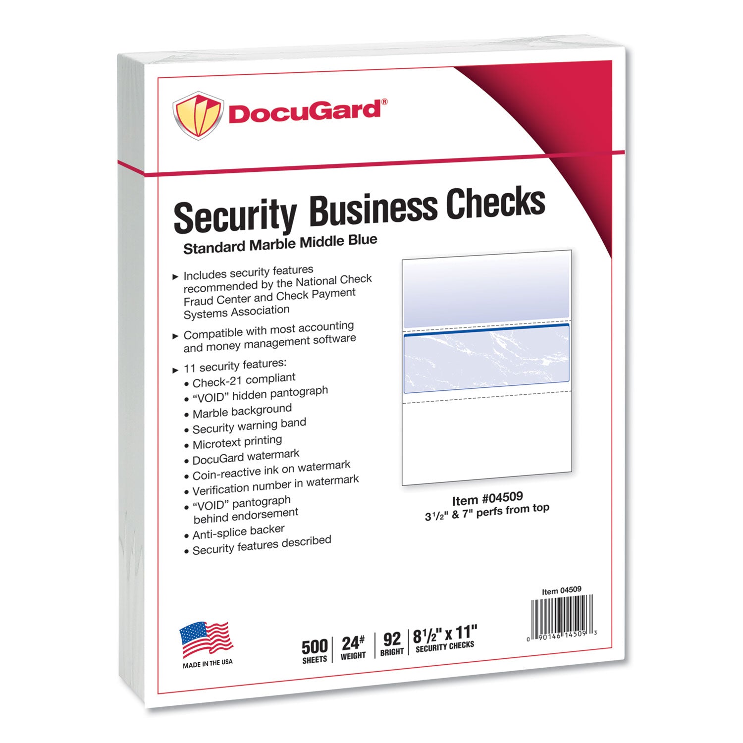 DocuGard Security Business Checks - Letter - 8 1/2" x 11" - 24 lb Basis Weight - Smooth - Watermarked, Pantograph, Coin-reactive Ink, Microtext Printing, Security Features Listing, Perforated, Security Warning, Patterned - Marble Blue - 500 / Ream