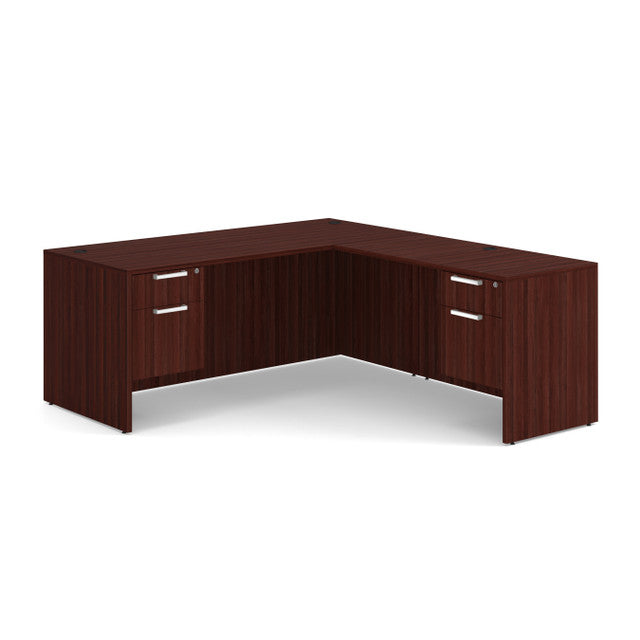 OfficeSource Laminate Double 3/4 Hanging Pedestal ''L'' Desk - 71'' x 30'' - Mahogany