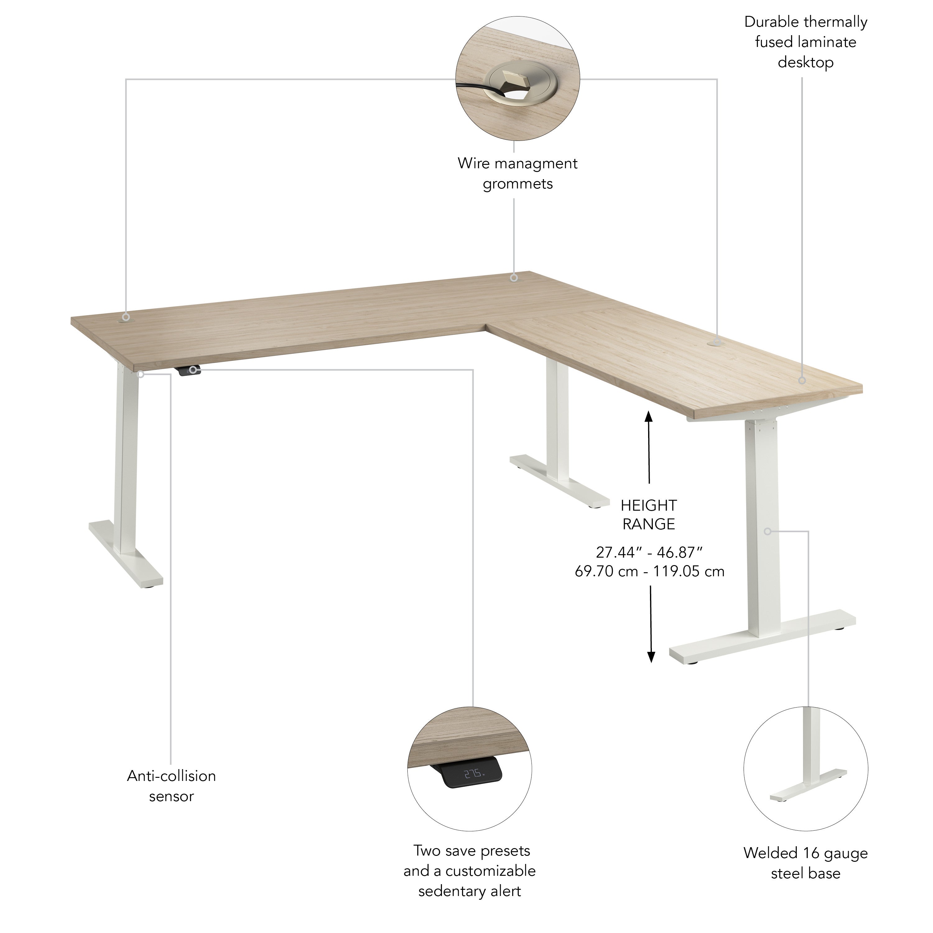 Bush Business Furniture Move 60 Series 72W Height Adjustable L Shaped Standing Desk in Natural Elm with White Base - 71.02" Width x 76.97" Depth x 27.44" Height