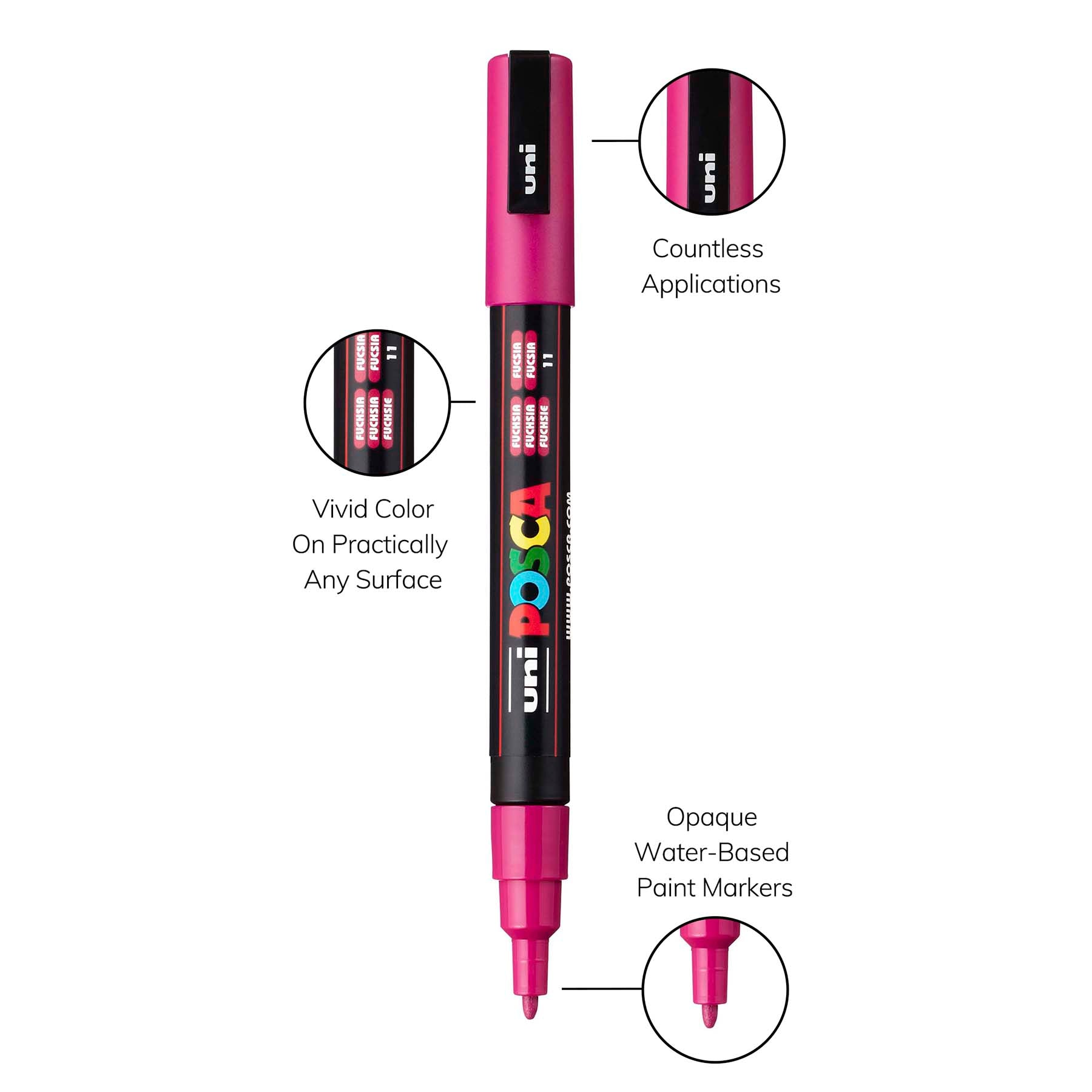 uni® POSCA PC-3M Water-Based Paint Markers, Reversible Fine Tip (0.9-1.3mm), Fuchsia