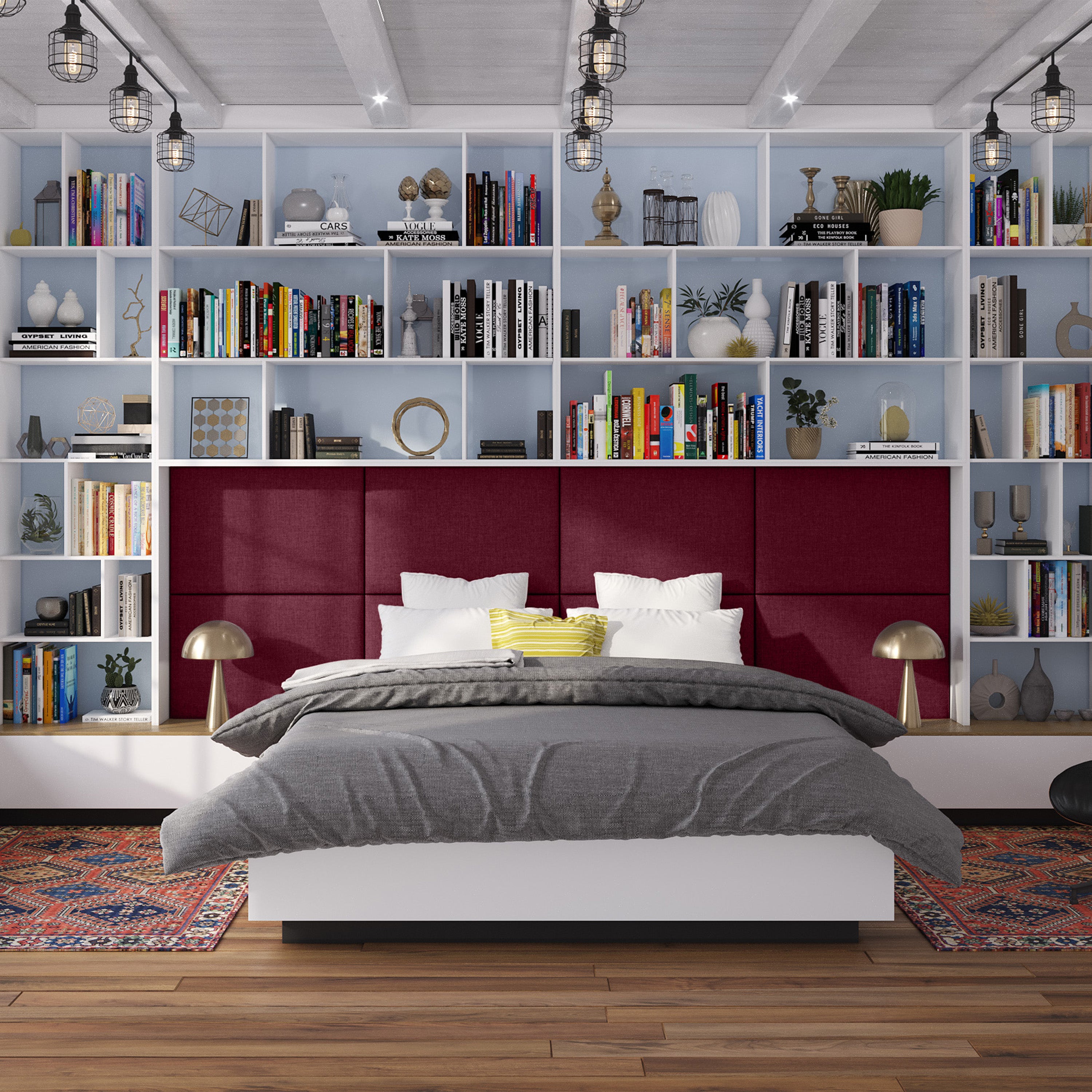 Jaxx Panelist Modern Padded Headboard- Set of 2 Wall Mounted Panels (Each 22.5" x 30")- Queen Double Tall, Microvelvet Vino Red