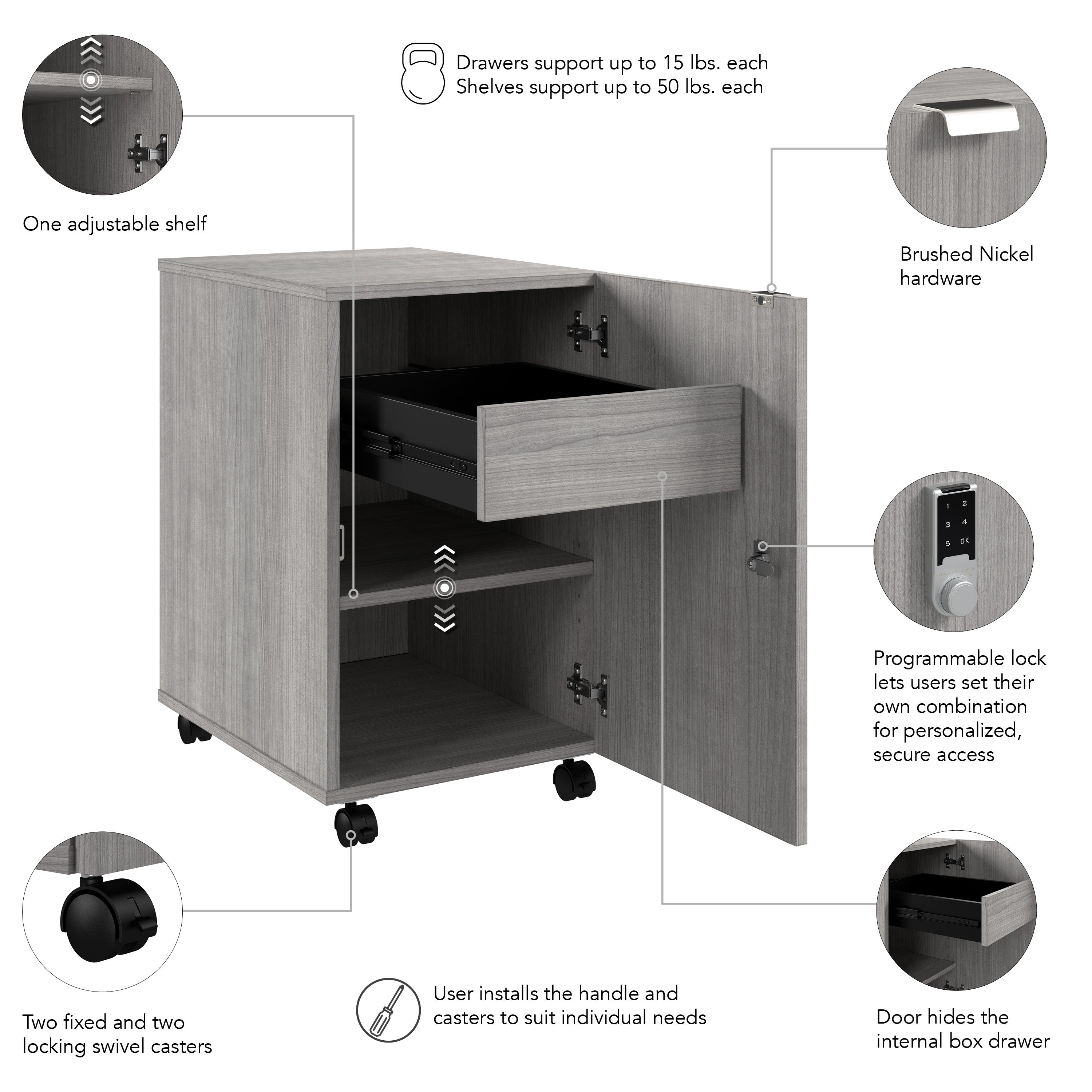 Bush Business Furniture Assure Mobile File Cabinet with Drawer, Door, and Keypad Lock in Platinum Gray - 15.65" Width x 20.24" Depth x 25.91" Height