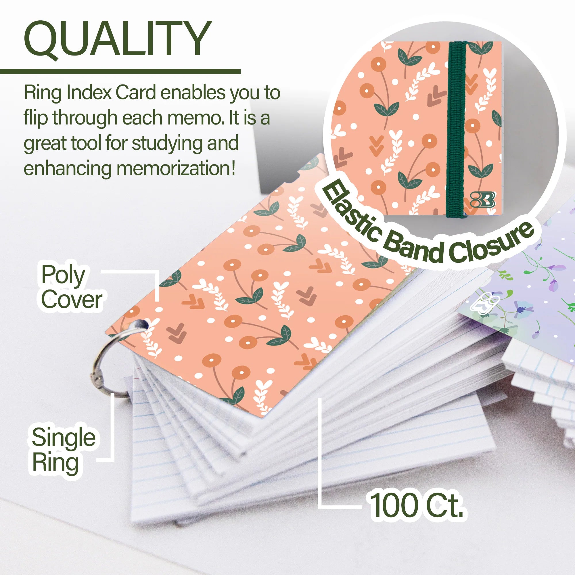 Ruled Index Cards with Ring, Fashion Poly Cover, 3" x 5", White, 100 Count, 1 Each
