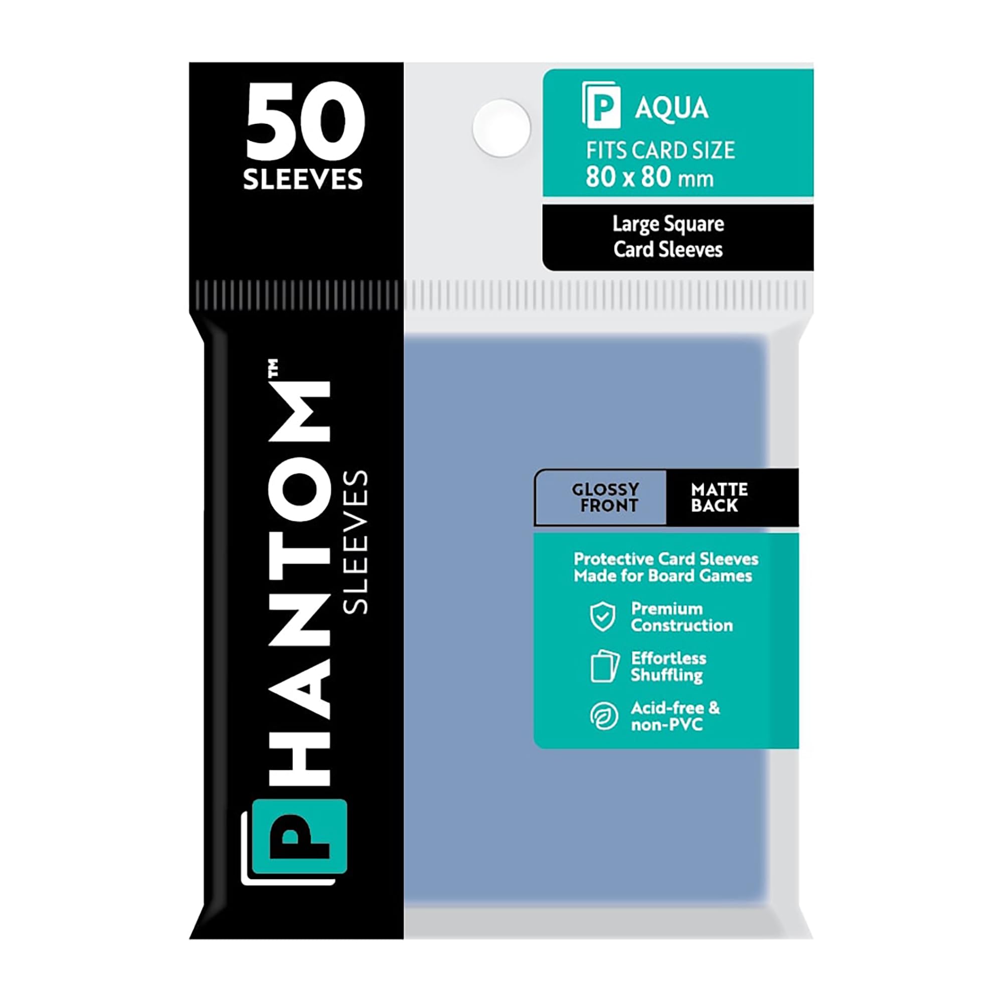 Phantom Sleeves: Aqua Size 80 x 80mm: Glossy Front/Matte Back - 50 Pack - Transparent Protective Card Sleeves for Board Games & Trading Cards