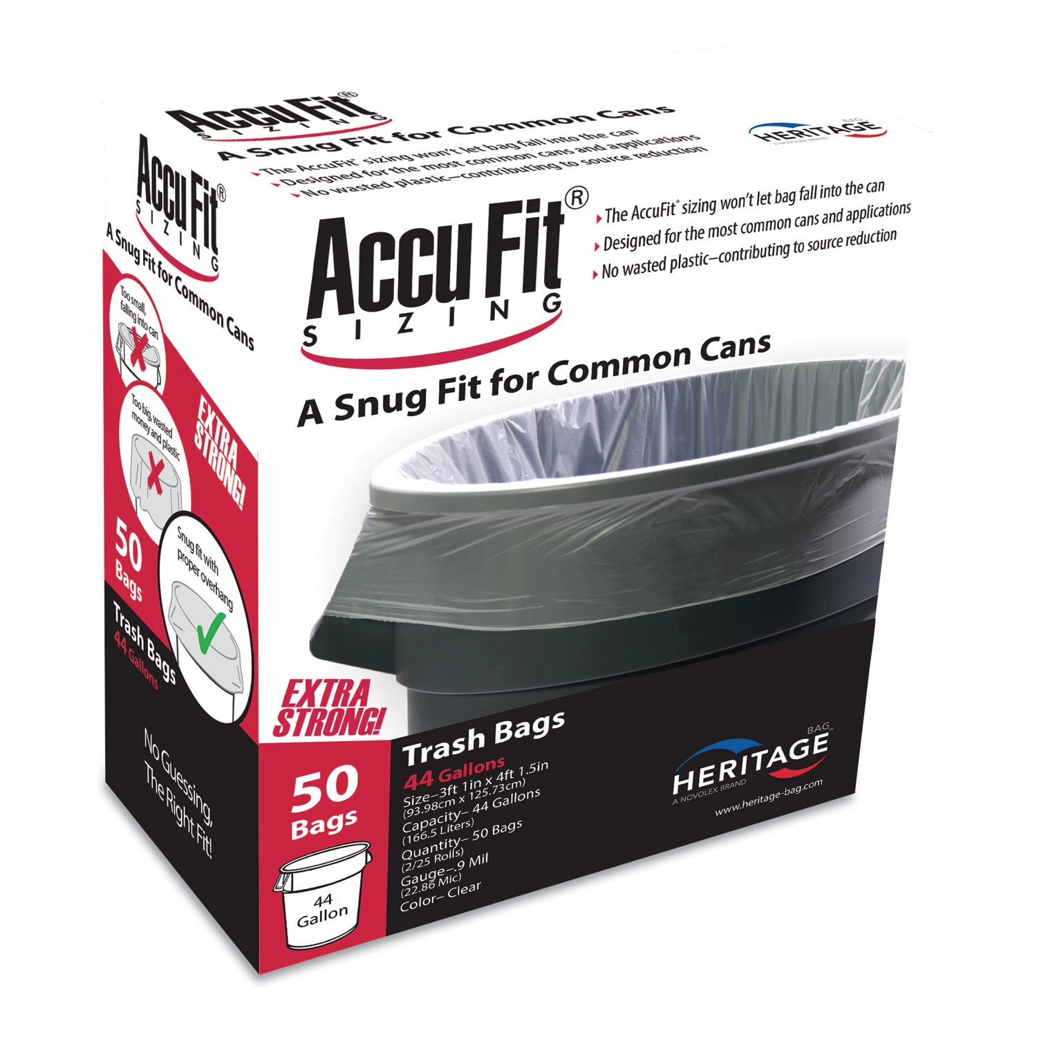 Heritage RePrime AccuFit 44-gal Can Liners - 44 gal Capacity - 50" Length x 37" Width x 0.90 mil (23 Micron) Thickness - Low Density - Clear - Linear Low-Density Polyethylene (LLDPE) - Garbage - 50 / Box