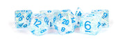16mm Resin Flash Dice Poly Dice Set: Clear with Light Blue Numbers