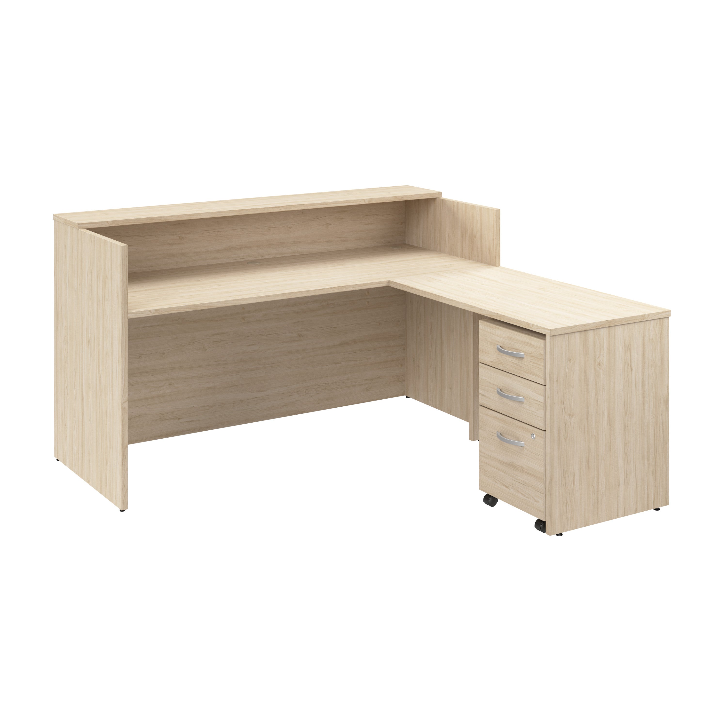 Bush Business Furniture Arrive 72W x 72D L Shaped Reception Desk with Shelf and Mobile File Cabinet in Natural Elm - 71.02" Width x 71.14" Depth x 40.35" Height