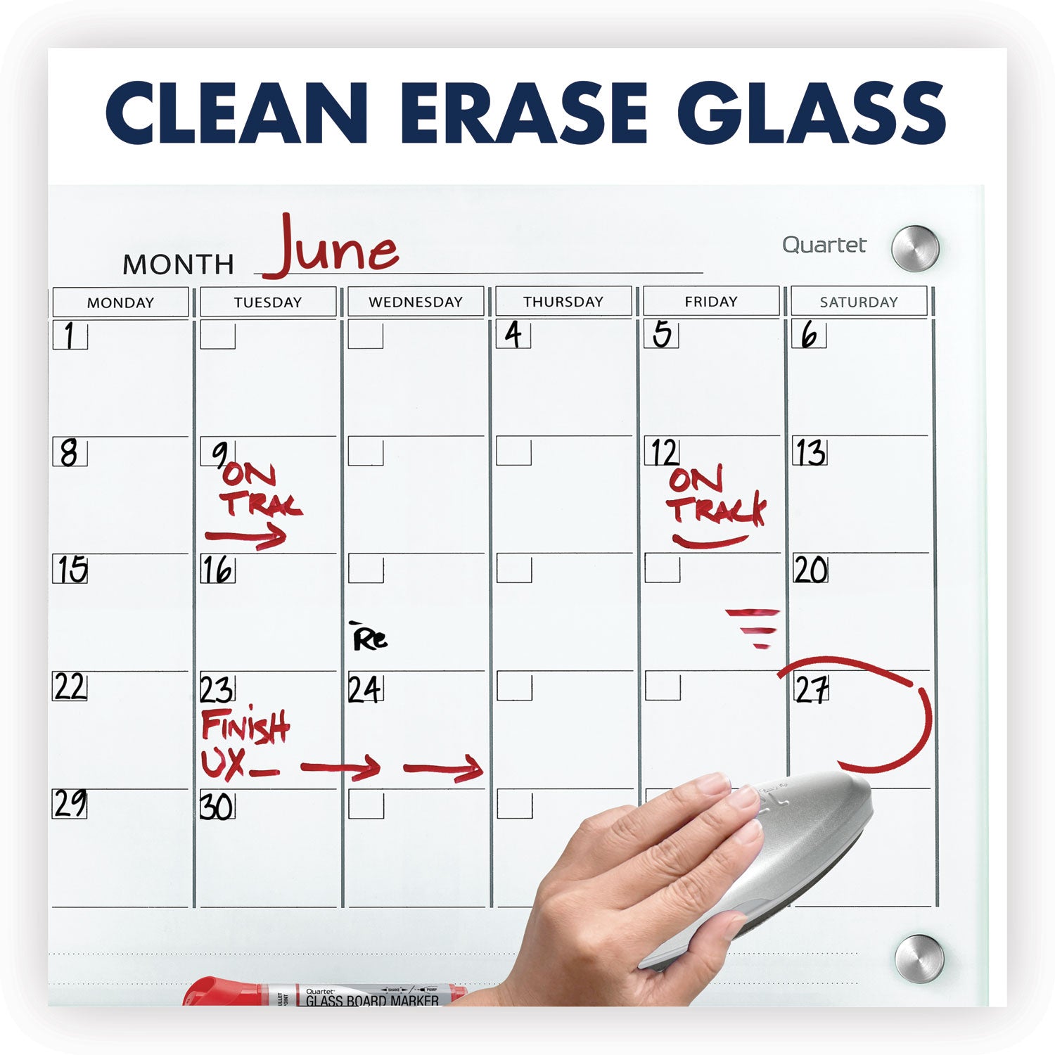 Monthly - 1 Month - White - Tempered Glass - 18" Height x 24" Width - Magnetic, Durable, Stain Resistant, Ghost Resistant, Scratch Resistant, Dent Resistant, Dry Erase Surface, Notes Area, Reusable - 1 Each