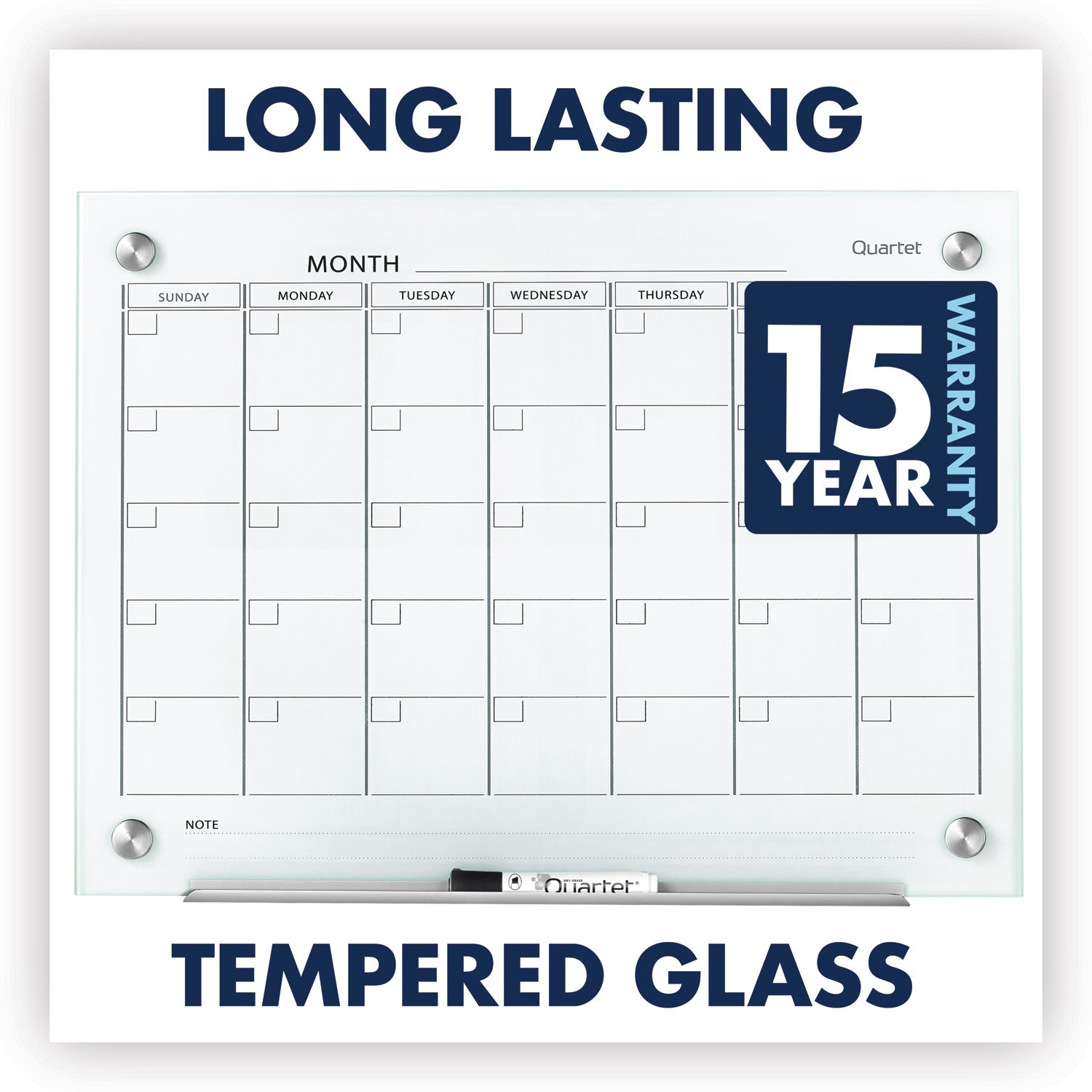 Monthly - 1 Month - White - Tempered Glass - 18" Height x 24" Width - Magnetic, Durable, Stain Resistant, Ghost Resistant, Scratch Resistant, Dent Resistant, Dry Erase Surface, Notes Area, Reusable - 1 Each