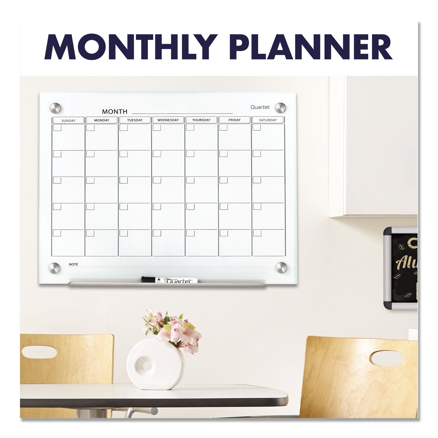 Monthly - 1 Month - White - Tempered Glass - 18" Height x 24" Width - Magnetic, Durable, Stain Resistant, Ghost Resistant, Scratch Resistant, Dent Resistant, Dry Erase Surface, Notes Area, Reusable - 1 Each