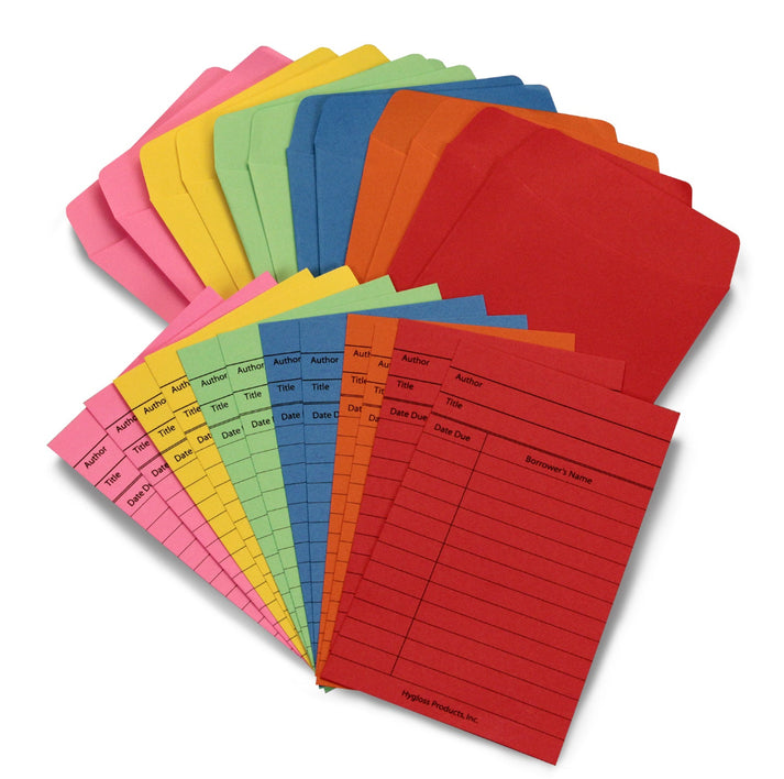 30 Library Pockets and 30 Library Cards, Self-Adhesive, 5 each of 6 assorted colors