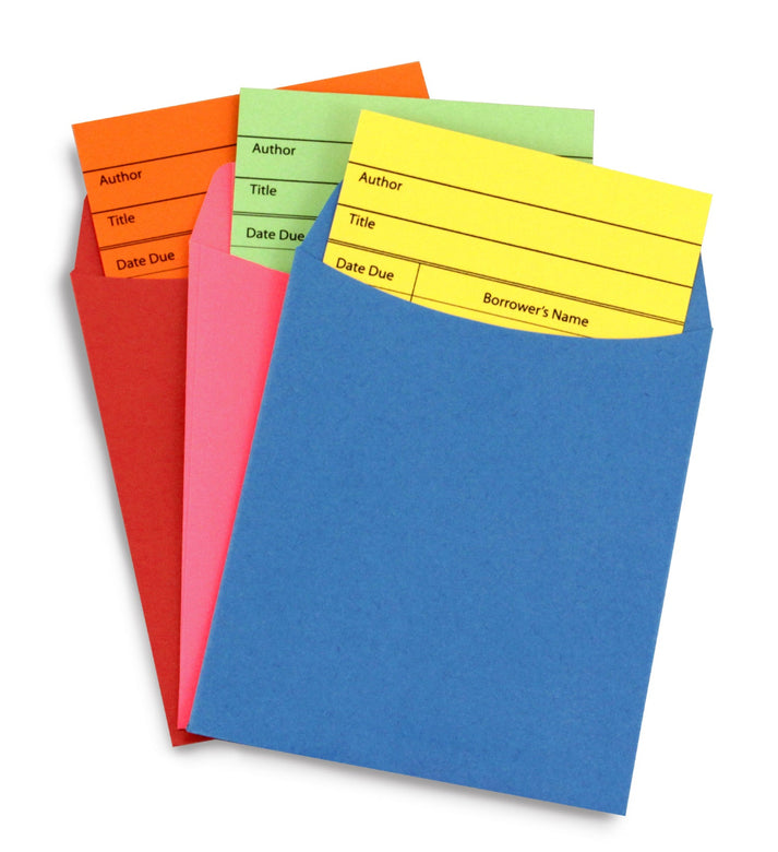 150 Library Pockets and 150 Library Cards, 25 each of 6 assorted colors