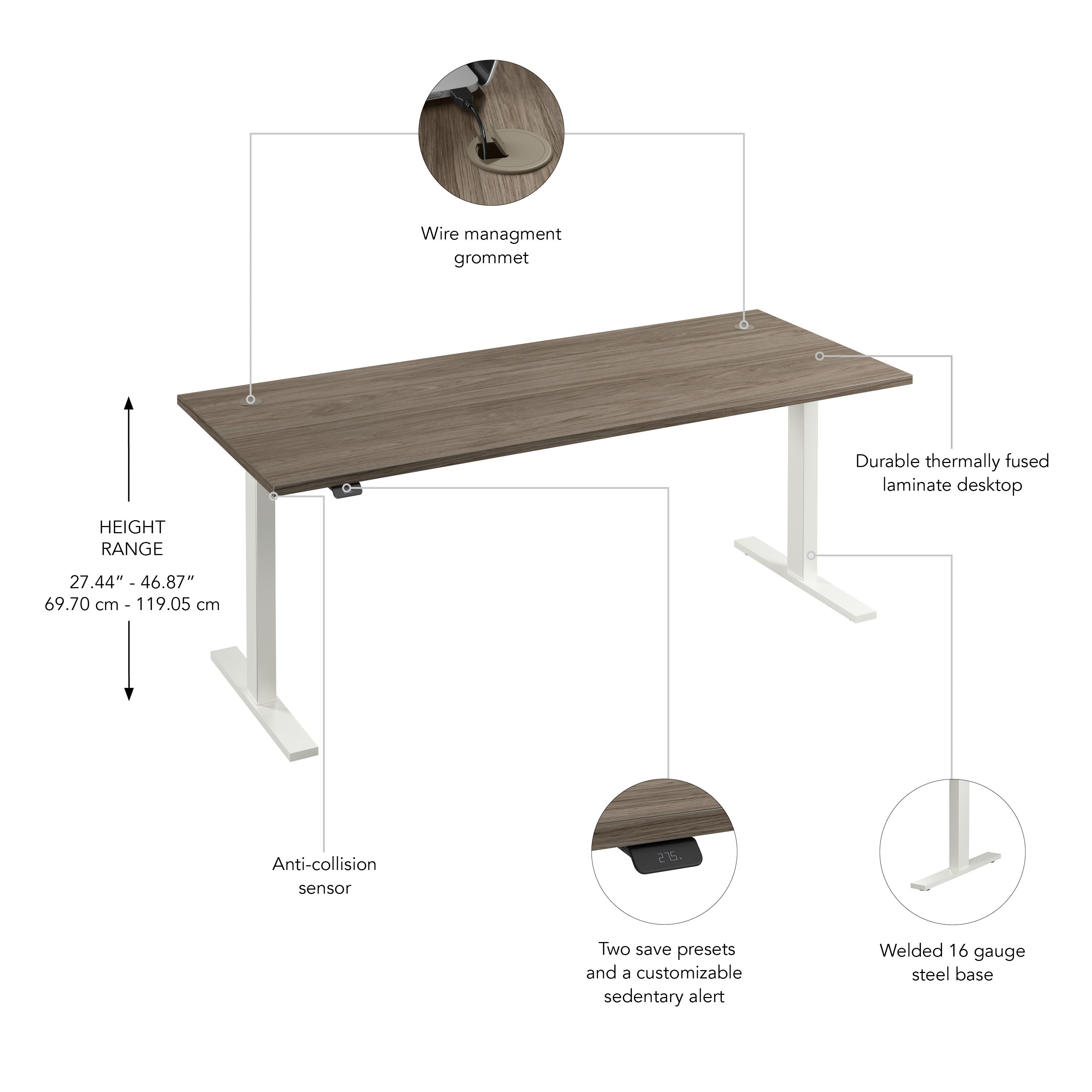 Bush Business Furniture Move 60 Series 72W x 30D Electric Height Adjustable Standing Desk in Modern Hickory with White Base - 71.02" Width x 29.37" Depth x 27.44" Height