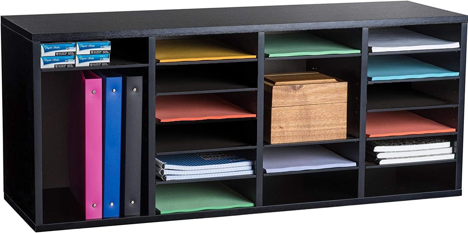 24-Compartment Wood Adjustable Paper Sorter Literature File Organizer, Black