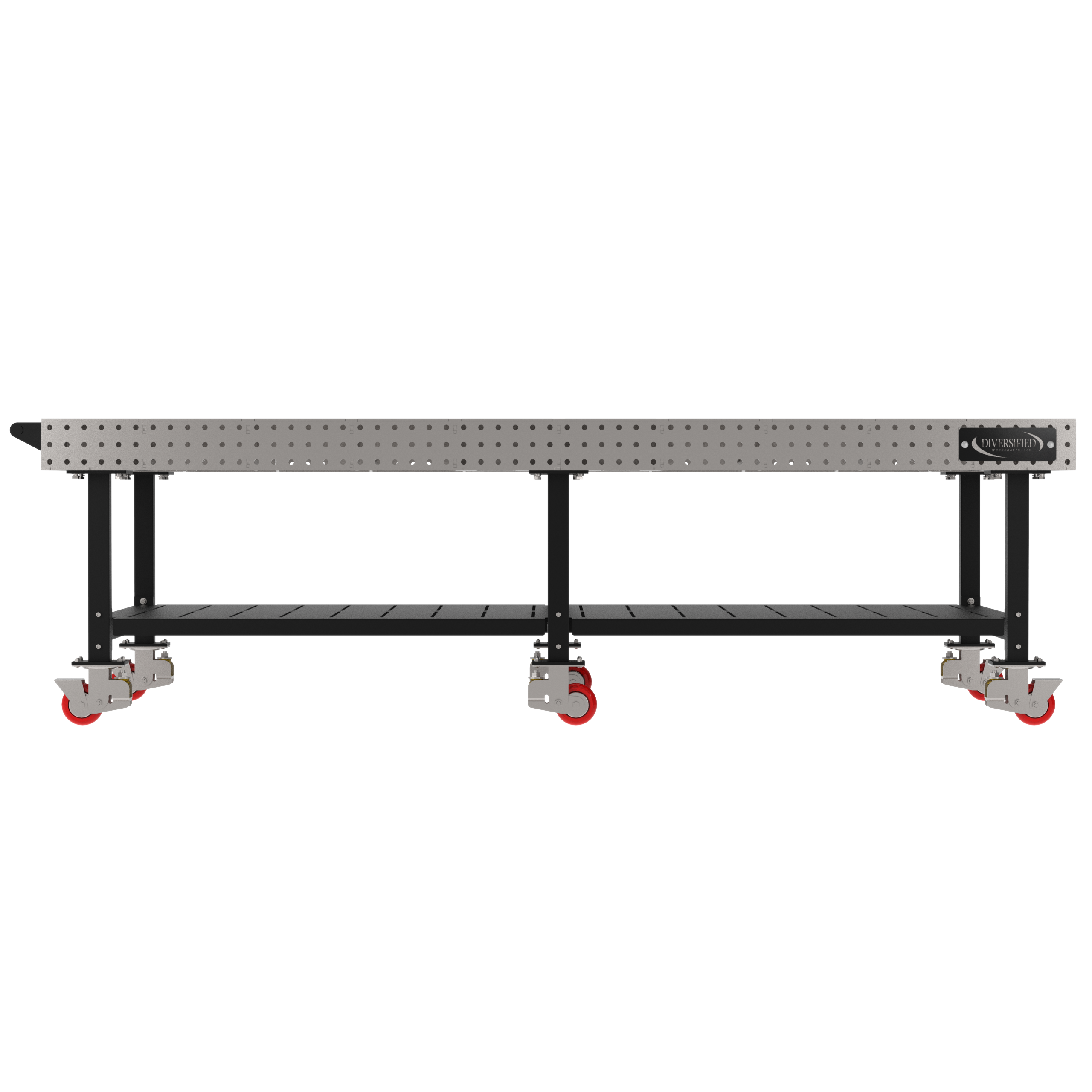 Welding Fixture Table, Fixed Height, 36"H x 120"L x 60"D, 1/4" Carbon Steel Top, Six Black Powdercoat Legs, Shelf, Handle, 6 Heavy Duty Suspension Casters (4 Locking/Swiveling Casters and 2 Non-Locking/Non-SwivelingCasters)