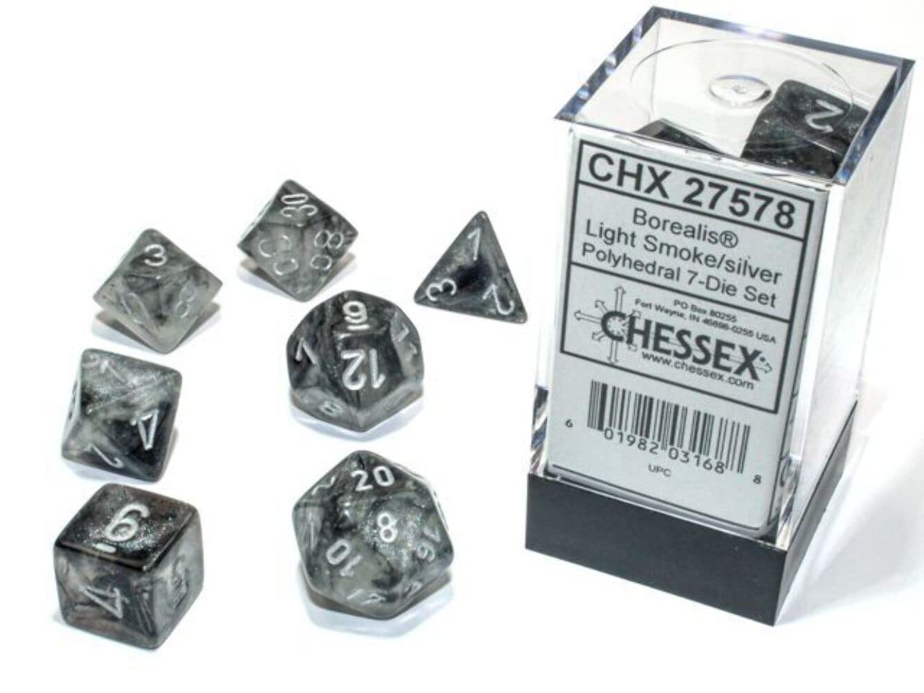Chessex Polyhedral 7-Die Set - Borealis Light Smoke / Silver with Luminary 27578 (CHX27578) , Grey