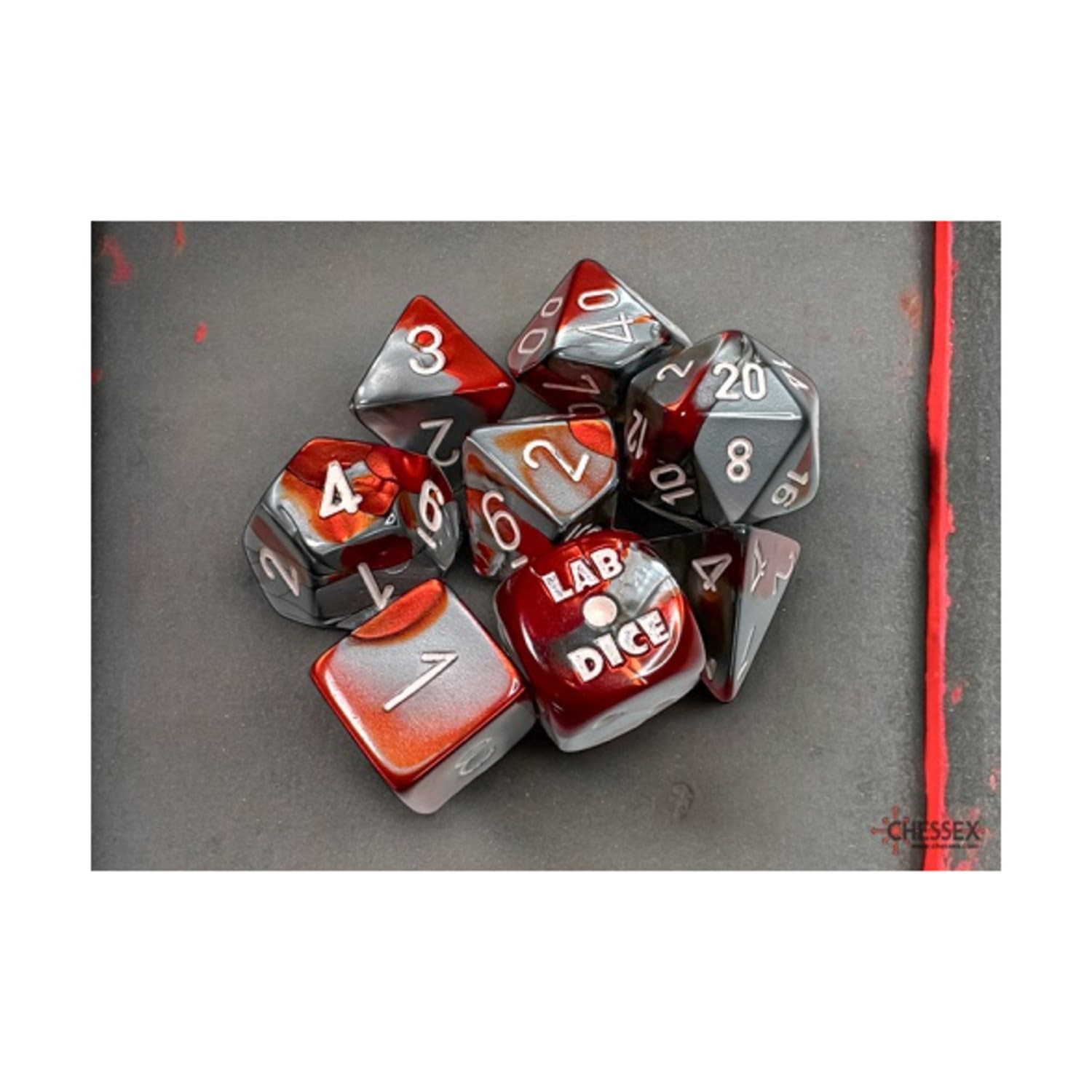 Gemini Red-Steel/white Polyhedral 7-Dice Set (with bonus die)