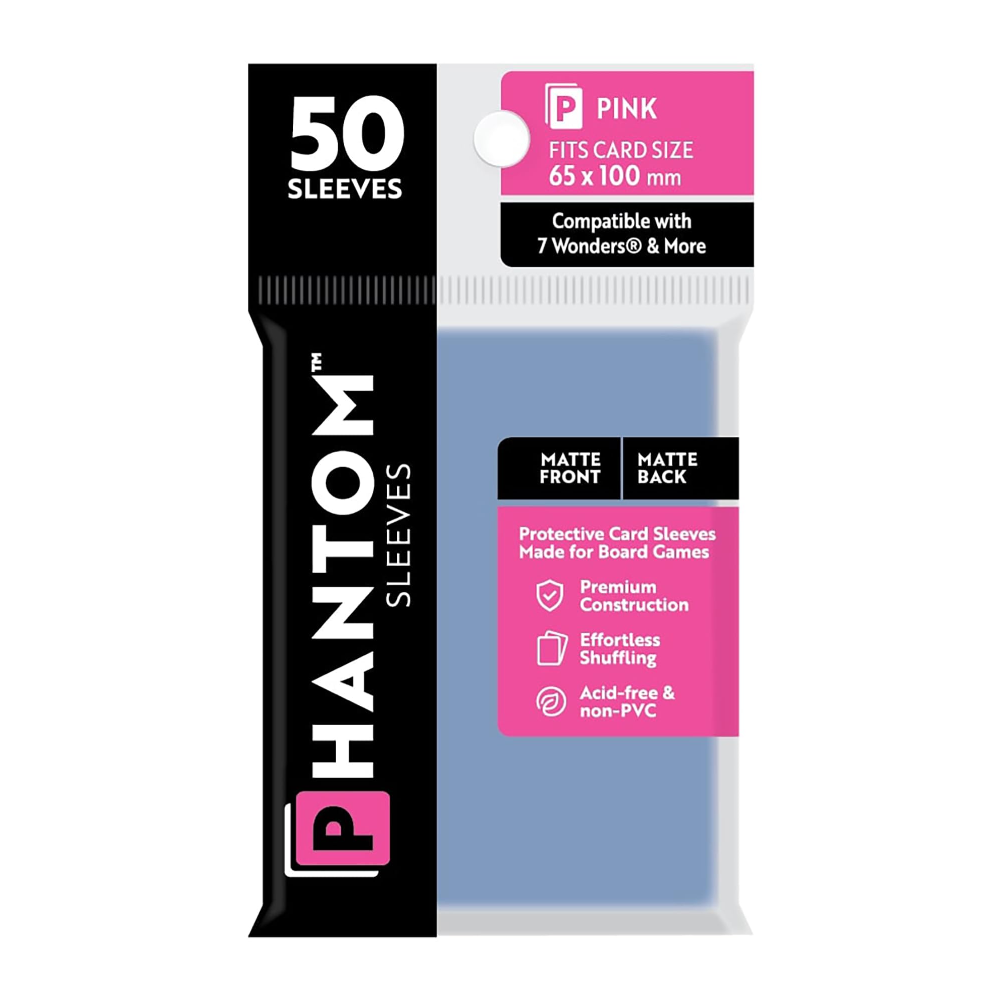 Phantom Sleeves: Pink Size 65 x 100mm: Matte Front/Back - 50 Pack - Transparent Protective Card Sleeves for Board Games, Trading Cards & Card Games