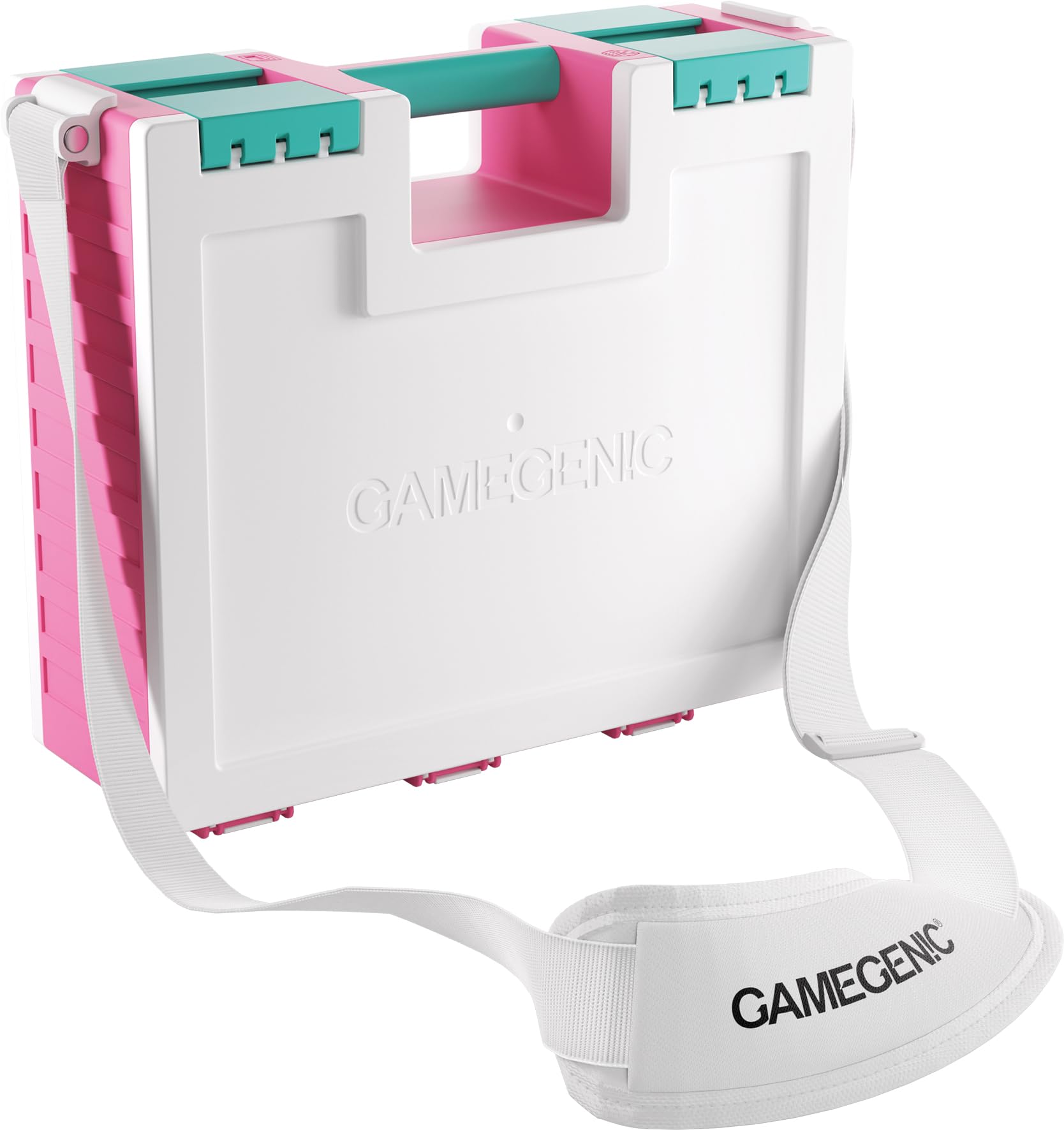 Gamegenic Game Castle - All-in-One Double-Sided Storage Case for Cards and Gaming Accessories, 19 Removable Trays in 5 Sizes, Ideal for Cards, Tokens, Dice and Tools, Pink/White/Teal Color, Made