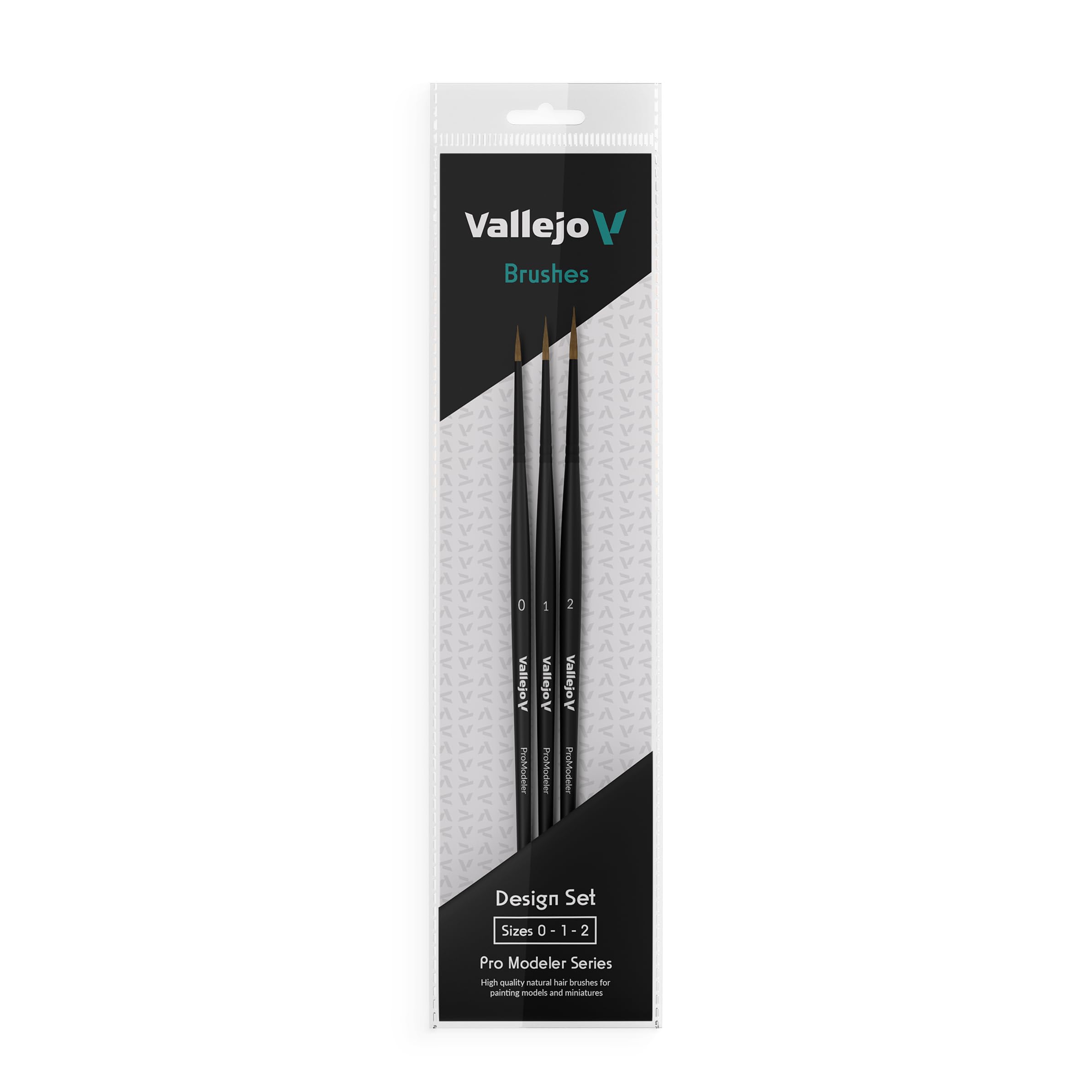 Vallejo - Pro Modeler Desing Set | Hobby Brush Kit | Flagged Synthetic Bristles | Sizes 0, 1, and 2 | Lightweight and Ergonomic Wooden Handles | Ideal for Acrylic Detail Work