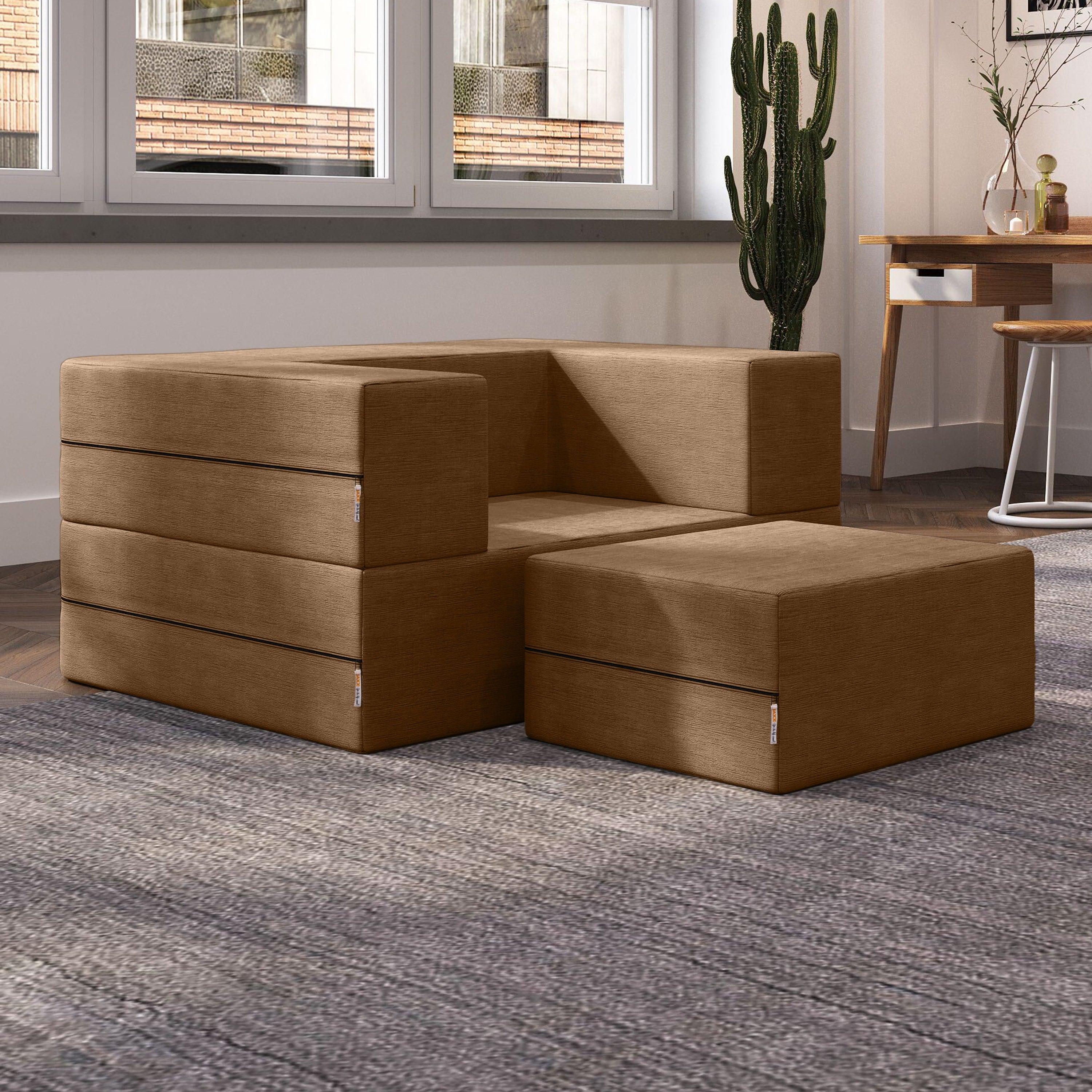 Jaxx Zipline Convertible Sleeper Futon Chair & Ottoman with Machine-Washable Cover, Toffee