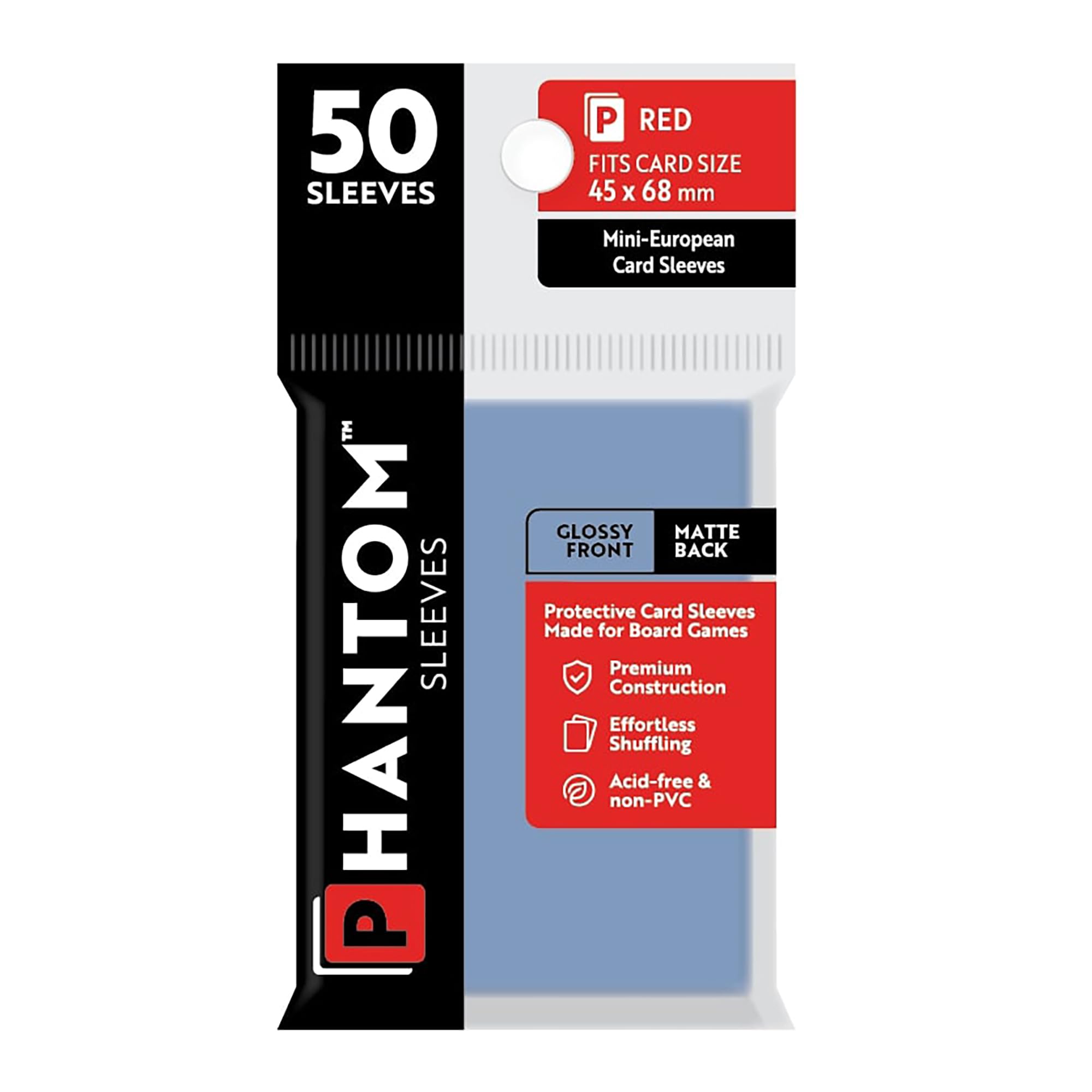 Phantom Sleeves: Red Size 45 x 68mm: Glossy Front/Matte Back - 50 Pack - Transparent Protective Card Sleeves for Board Games & Trading Cards