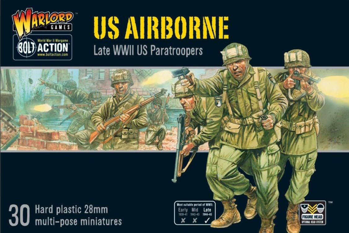 Warlord Bolt Action US Airborne Paratroopers 1:56 Tabletop Miniatures - Plastic Paintable Miniature WWII Soldiers Set, Unpainted Table Top 28mm Military Minifigures for Adults - Gaming Figurines Pack