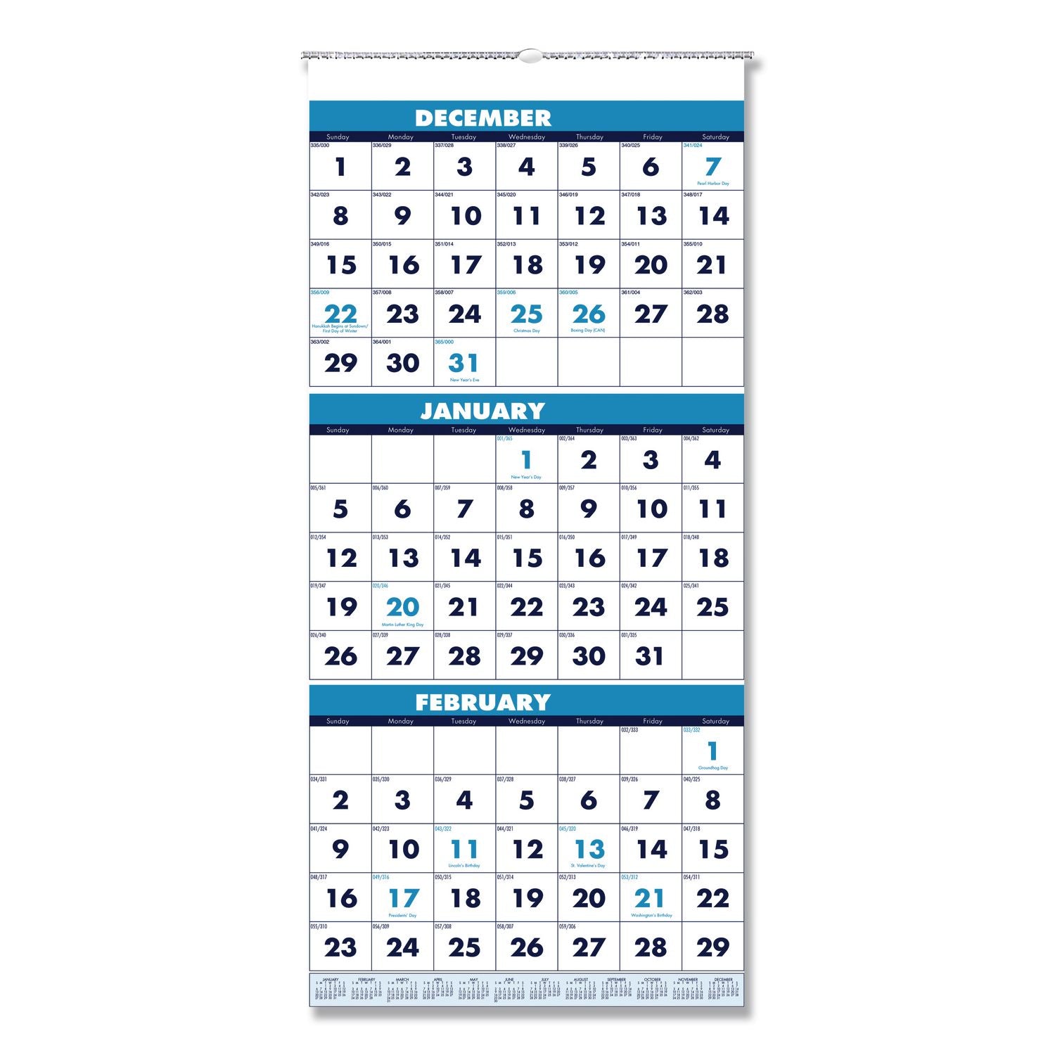 Monthly - 14 Month - December 2025 to January 2027 - 3 Month Single Page Layout - 12 1/4" x 27" Sheet Size - Wire Bound - Blue - Paper - 26" Height x 12.3" Width - Eyelet - 1 Each