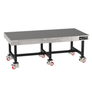 Welding Fixture Table, Fixed Height, 36"H x 96"L x 48"D, 1/4" Carbon Steel Top, Six Black Powdercoat Legs, 6 Heavy Duty Suspension Casters (4 Locking/Swiveling Casters and 2 Non-Locking/Non-SwivelingCasters)