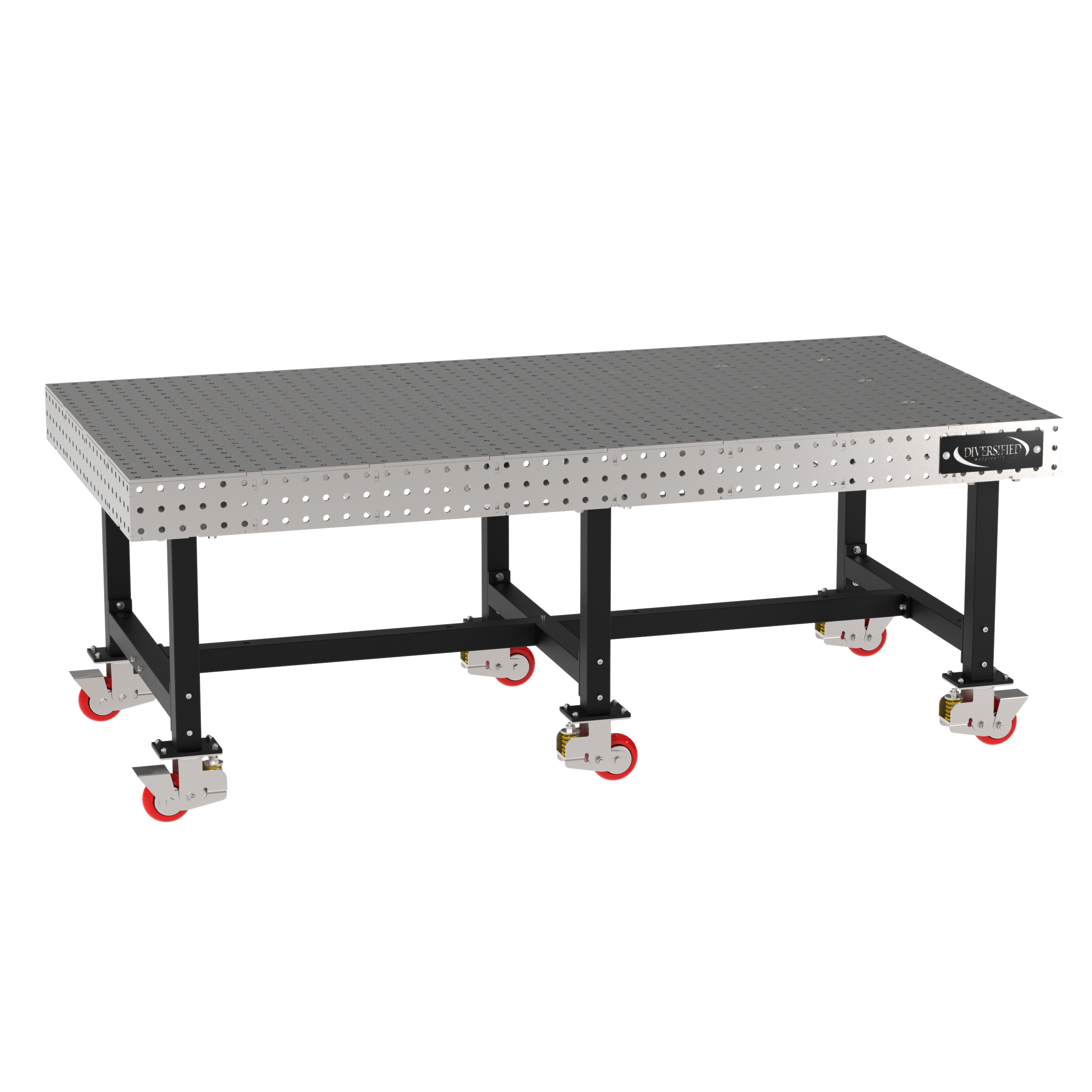Welding Fixture Table, Fixed Height, 36"H x 96"L x 48"D, 1/4" Carbon Steel Top, Six Black Powdercoat Legs, 6 Heavy Duty Suspension Casters (4 Locking/Swiveling Casters and 2 Non-Locking/Non-SwivelingCasters)