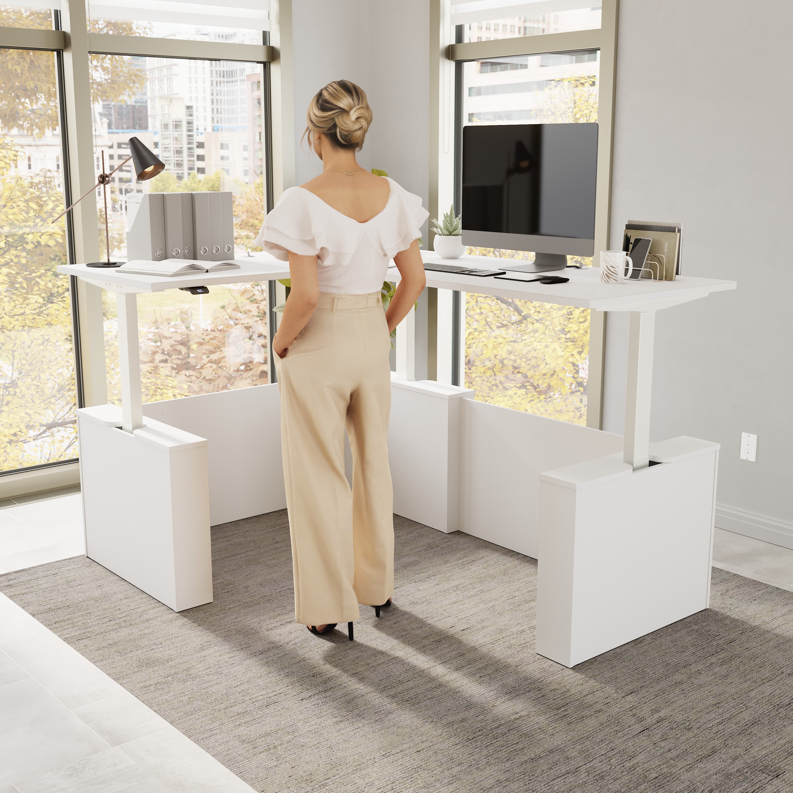 Bush Business Furniture Stratus&nbsp;60W x&nbsp;78D Electric Height Adjustable L Shaped Standing Desk White with White Base - 59.45" Width x 76.97" Depth x 27.44" Height