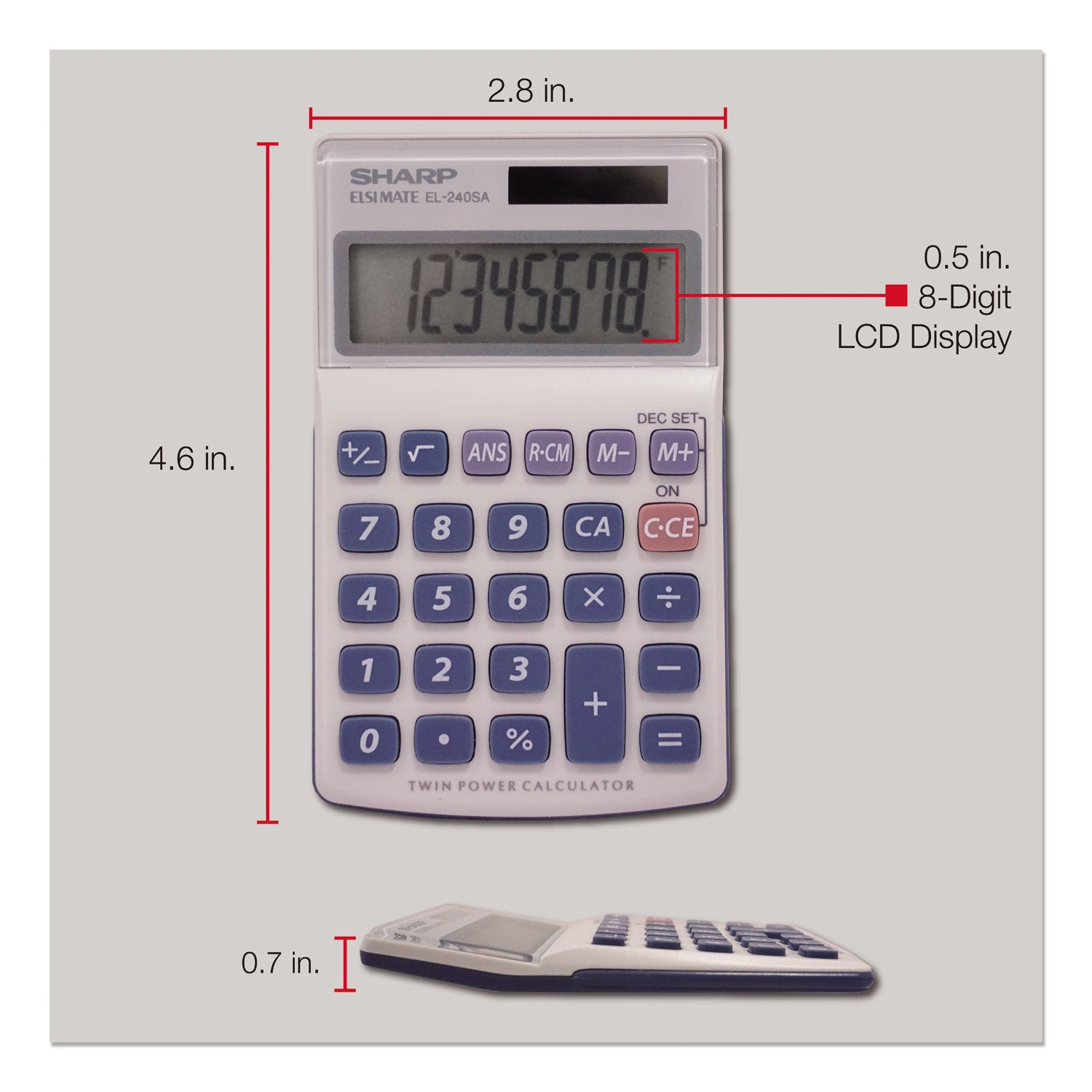 3-Key Memory, Sign Change, Auto Power Off - 8 Digits - LCD - Battery/Solar Powered - 1 x LR1130 - 0.7" Height x 2.8" Width x 4.6" Depth - Gray, Blue - 1 Each