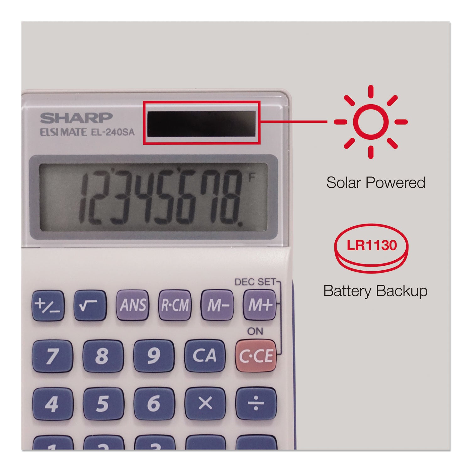 3-Key Memory, Sign Change, Auto Power Off - 8 Digits - LCD - Battery/Solar Powered - 1 x LR1130 - 0.7" Height x 2.8" Width x 4.6" Depth - Gray, Blue - 1 Each
