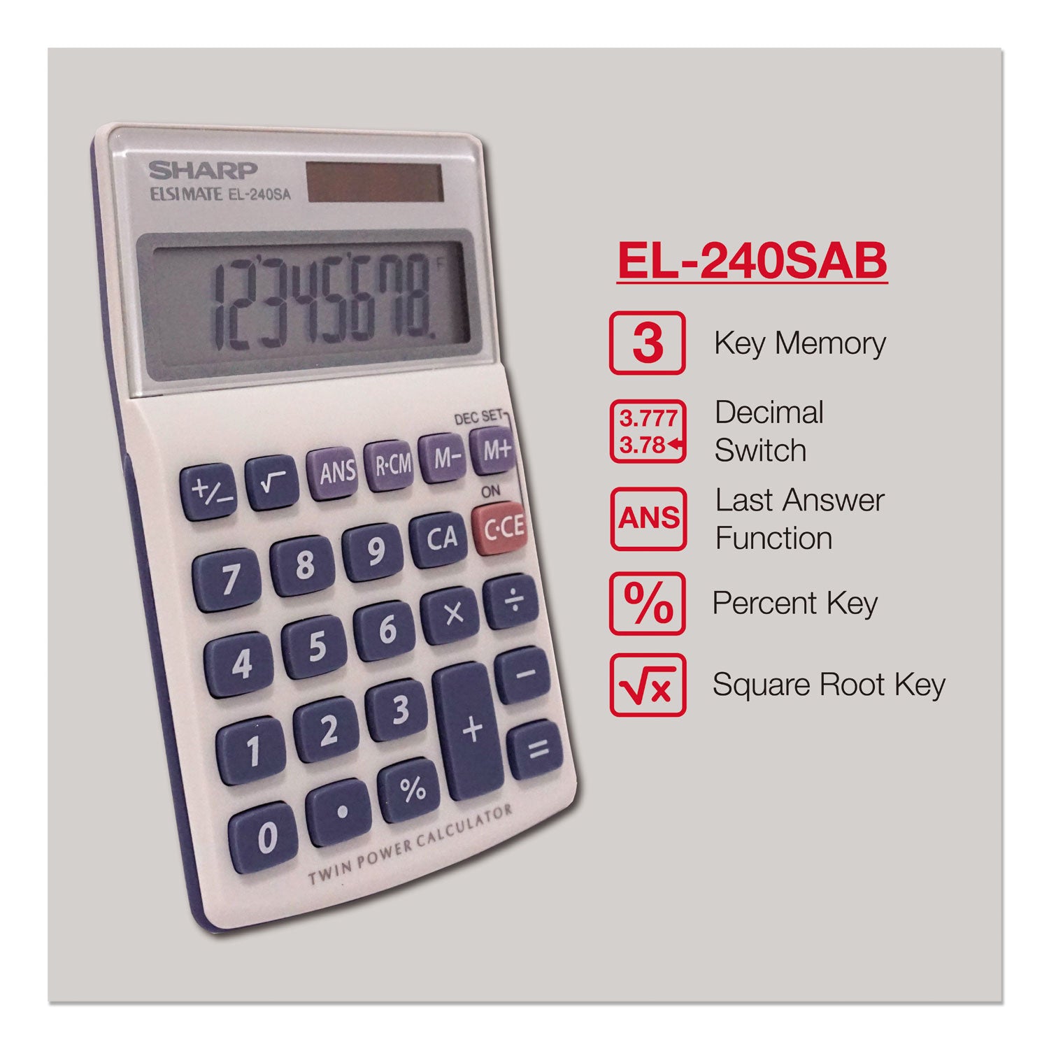 3-Key Memory, Sign Change, Auto Power Off - 8 Digits - LCD - Battery/Solar Powered - 1 x LR1130 - 0.7" Height x 2.8" Width x 4.6" Depth - Gray, Blue - 1 Each