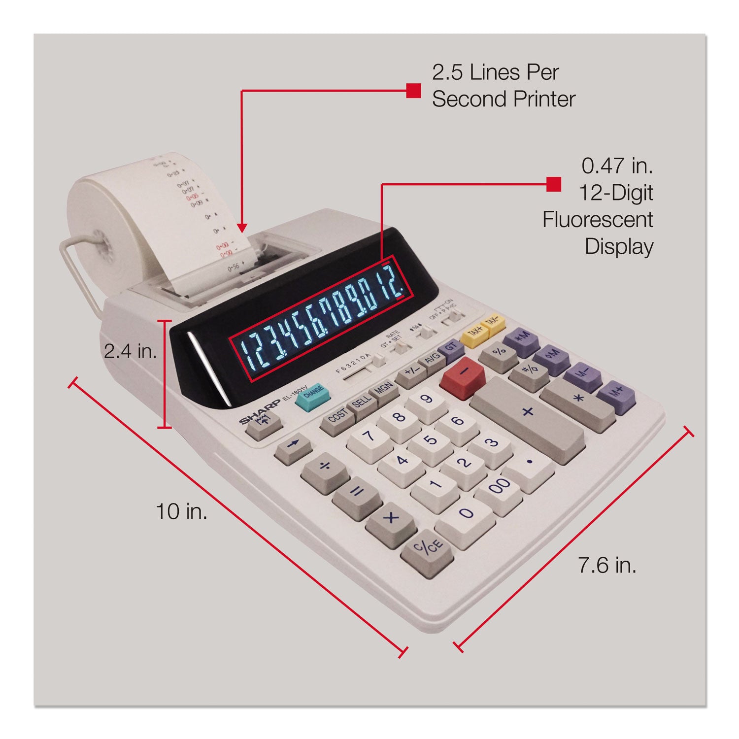 2 lps - Item Count, Paper Holder, Large Display, 4-Key Memory, Sign Change - 12 Digits - Power Adapter Powered - 10" Height x 7.6" Width x 2.4" Depth x 3.4" Length - Off White - 1 Each