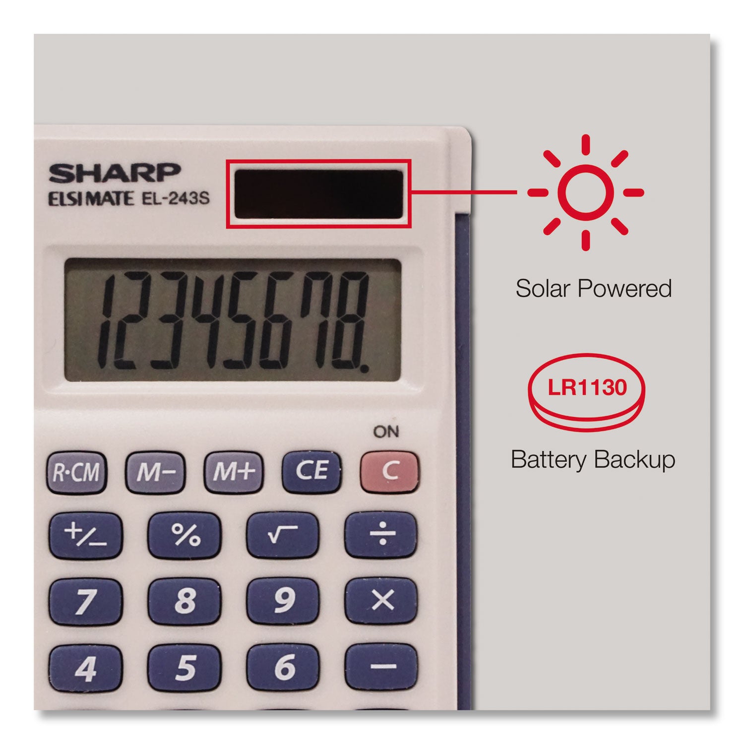 3-Key Memory, Sign Change, Auto Power Off - 8 Digits - LCD - Battery/Solar Powered - 1 x LR1130 - 0.4" Height x 2.5" Width x 4.1" Depth - Gray, Blue - 1 Each