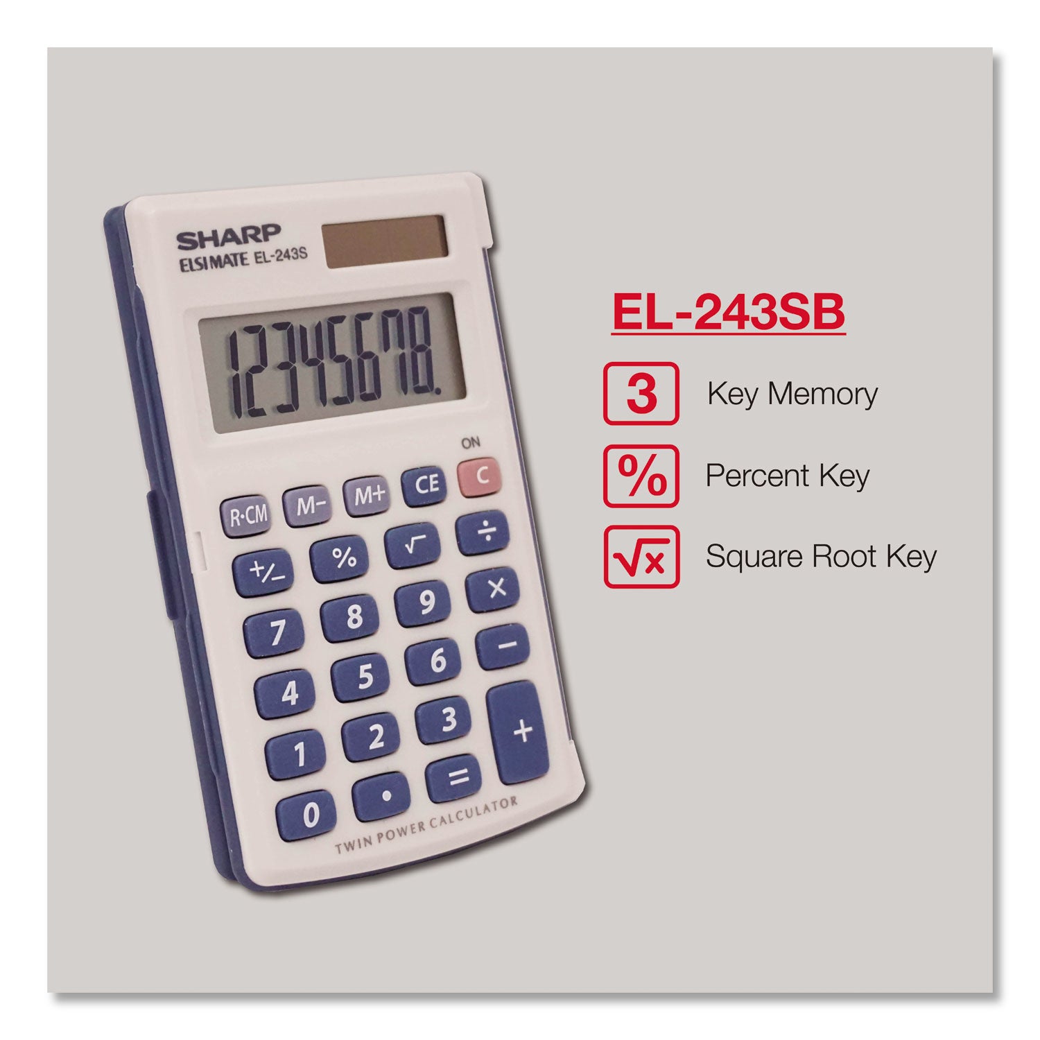 3-Key Memory, Sign Change, Auto Power Off - 8 Digits - LCD - Battery/Solar Powered - 1 x LR1130 - 0.4" Height x 2.5" Width x 4.1" Depth - Gray, Blue - 1 Each